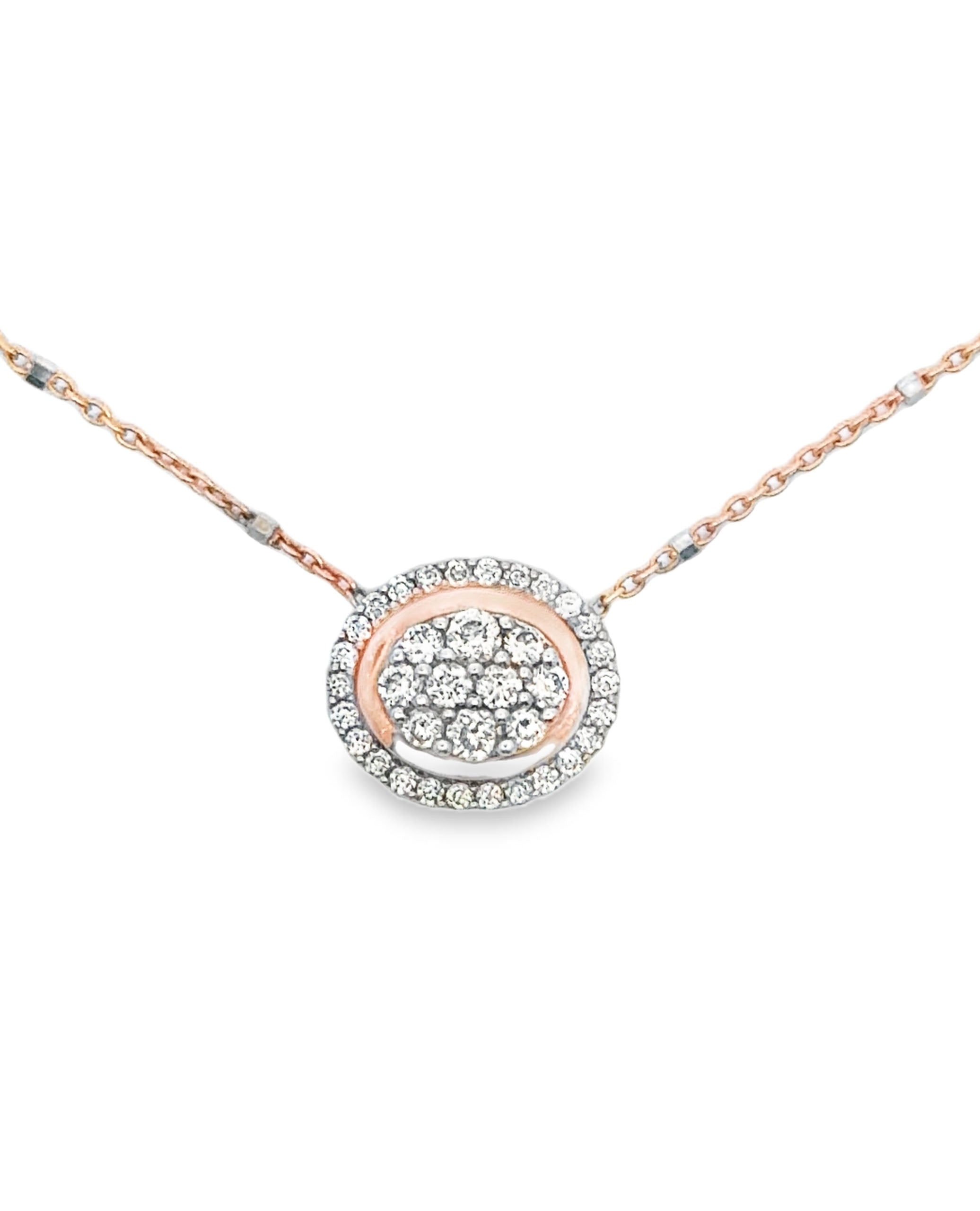 14K White and Pink Gold Two Tone Oval Diamond Pendant Necklace