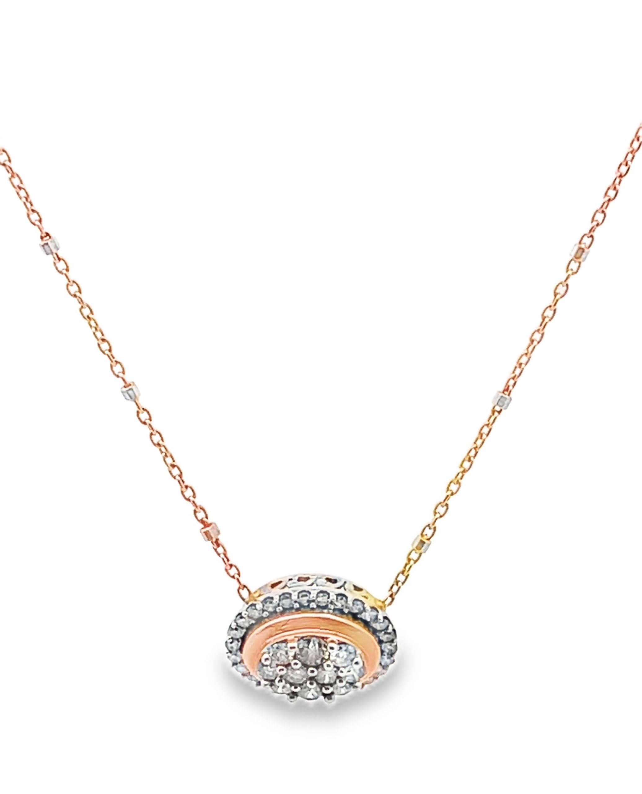 14K White and Pink Gold Two Tone Oval Diamond Pendant Necklace