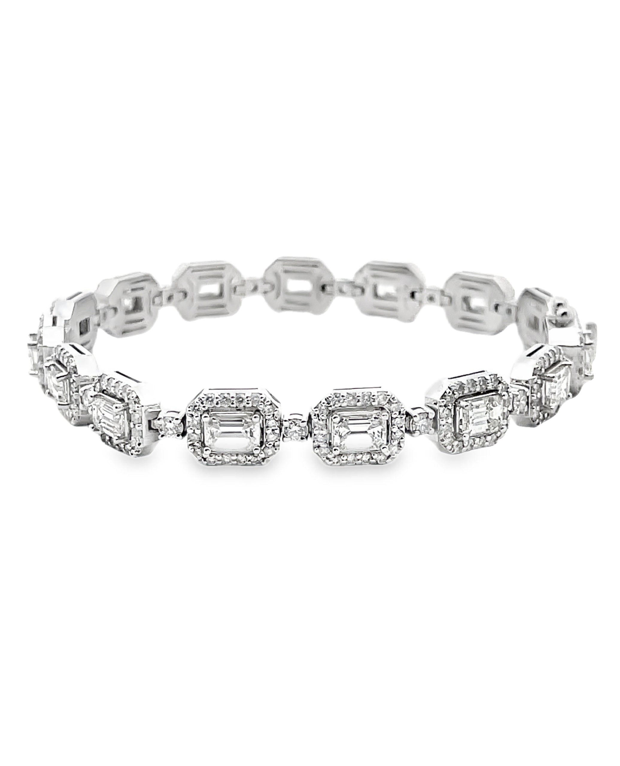 14K White Gold Round and Emerald Cut Diamond Bracelet