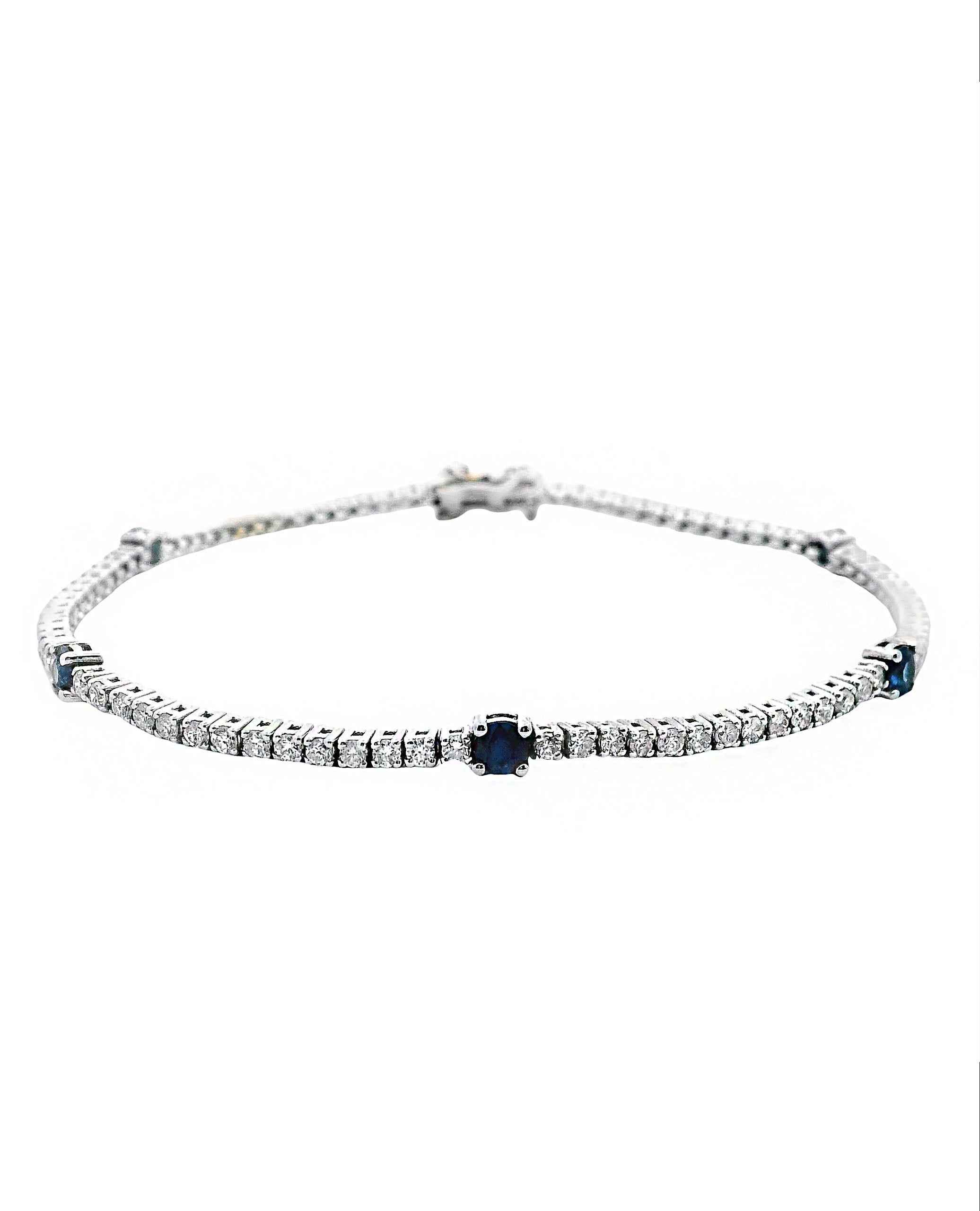 14K White Gold Tennis Bracelet with Round Diamonds and Sapphires