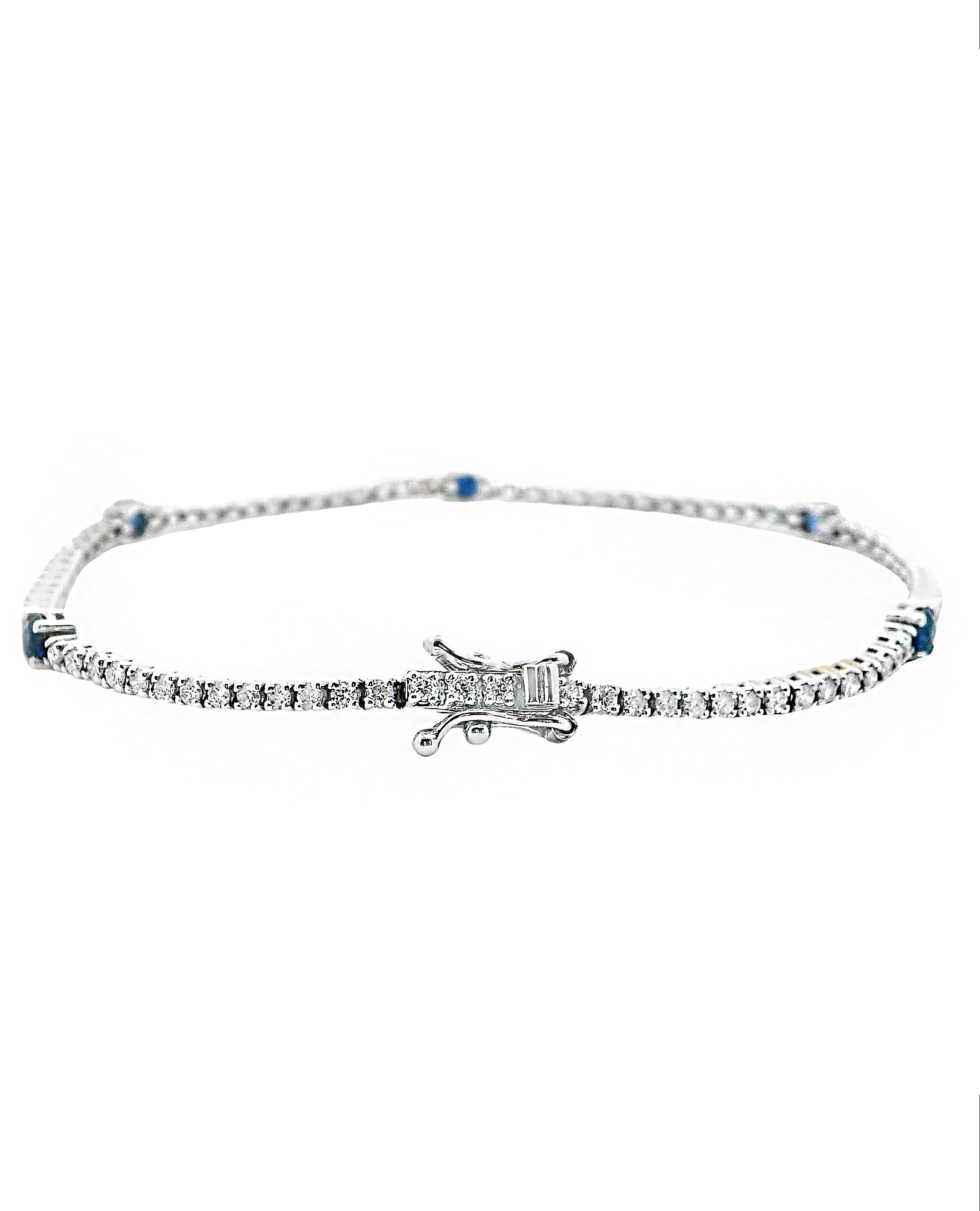 14K White Gold Tennis Bracelet with Round Diamonds and Sapphires