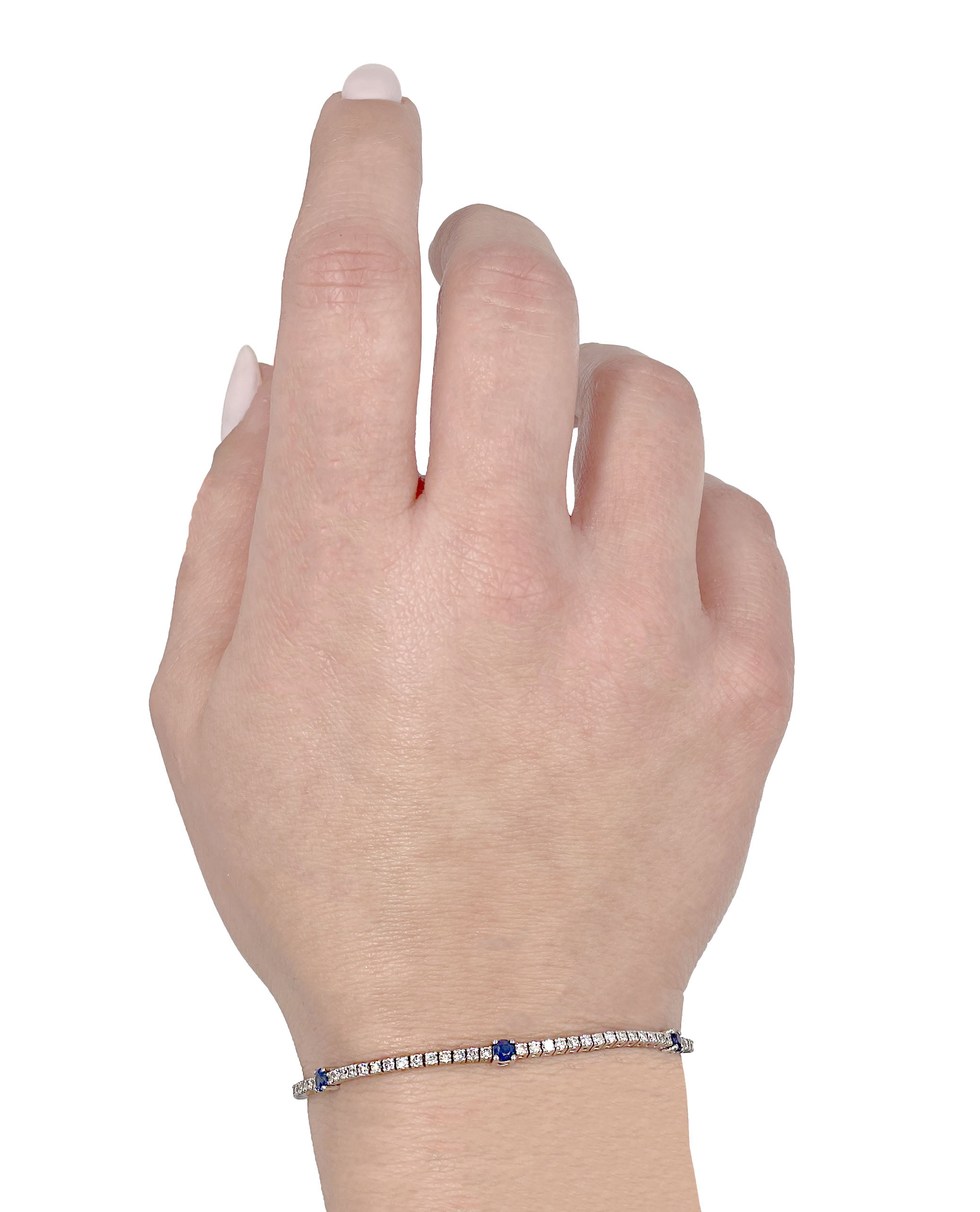 14K White Gold Tennis Bracelet with Round Diamonds and Sapphires