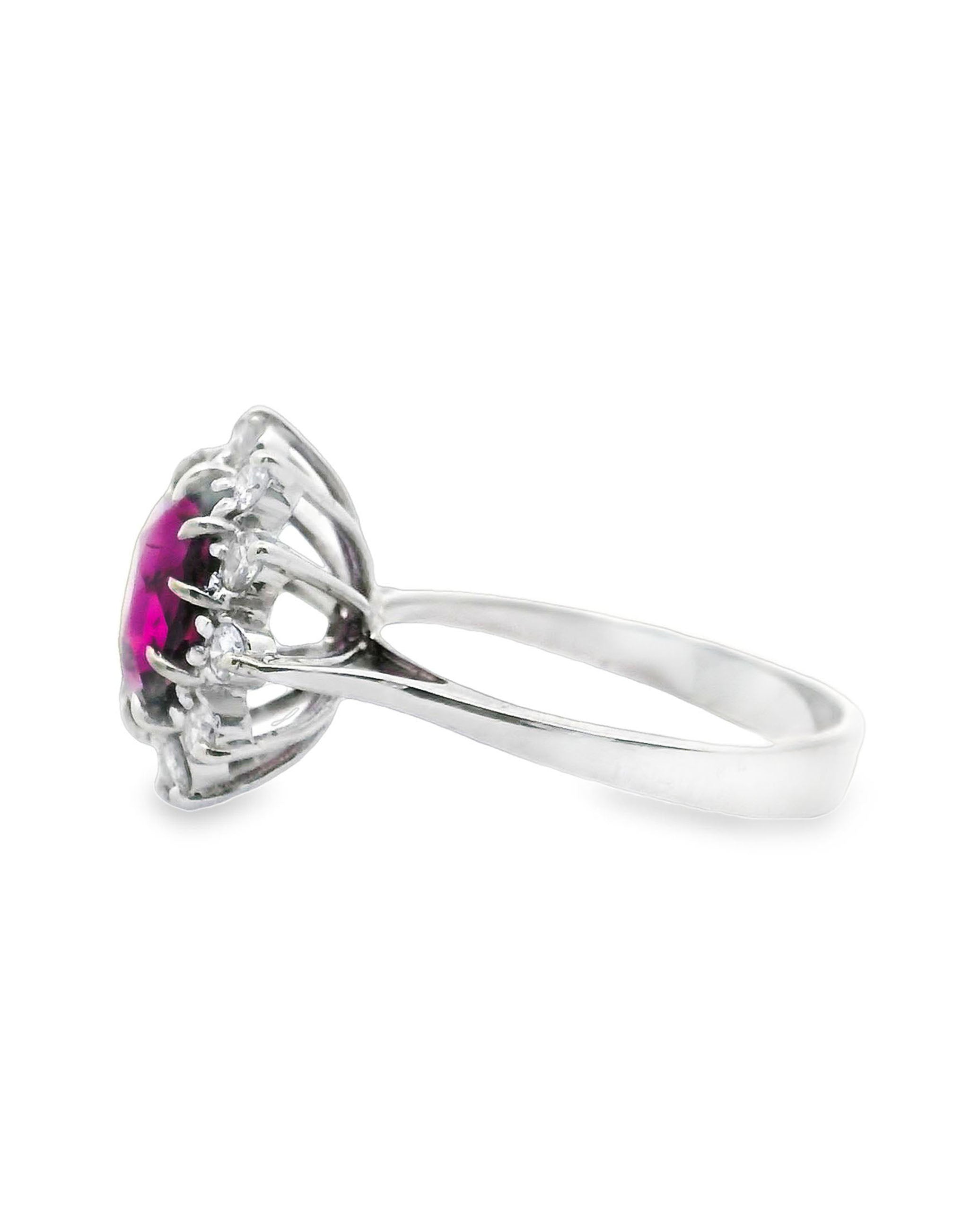 14K White Gold Halo Cocktail Ring with Rhodolite and Diamonds