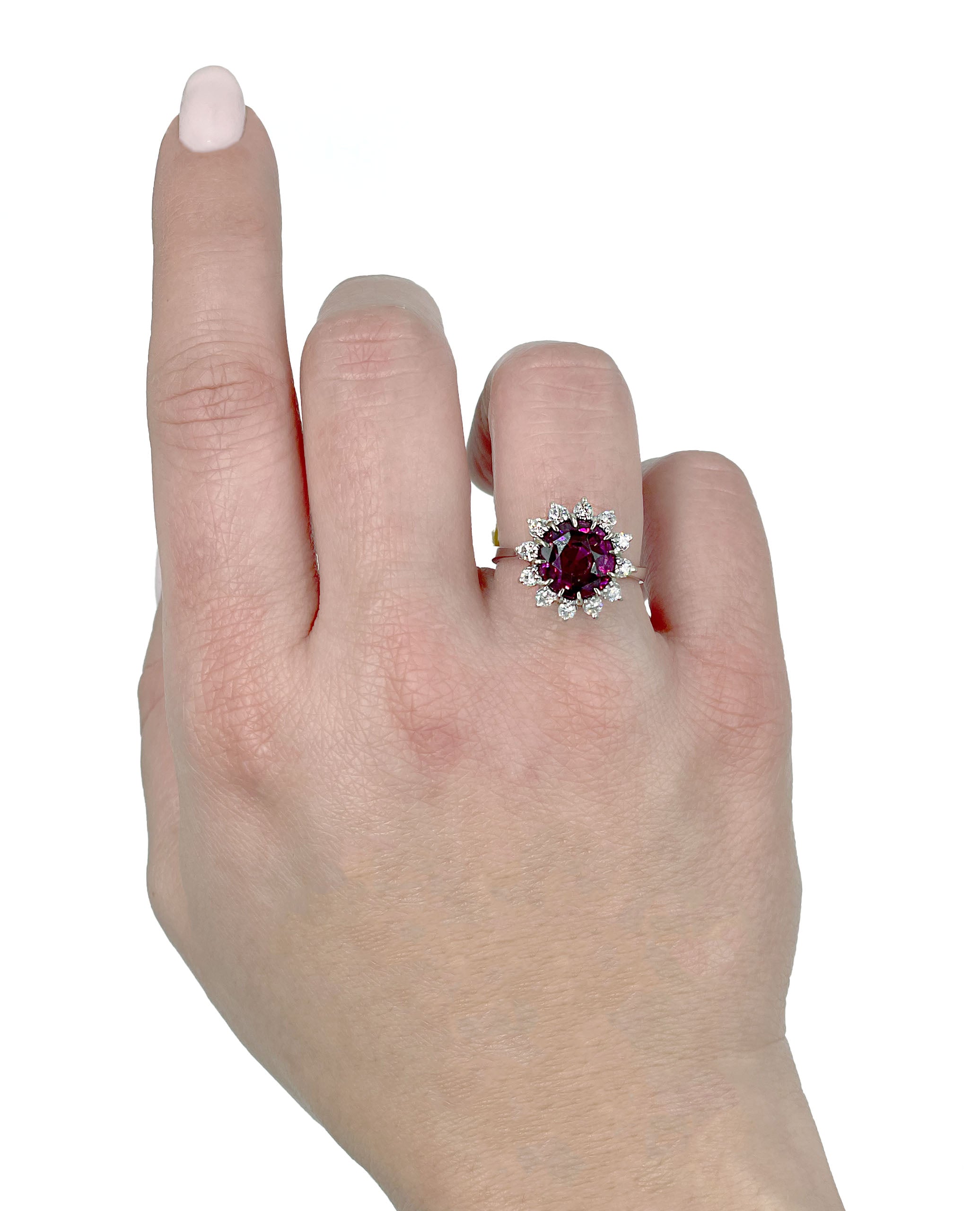 14K White Gold Halo Cocktail Ring with Rhodolite and Diamonds