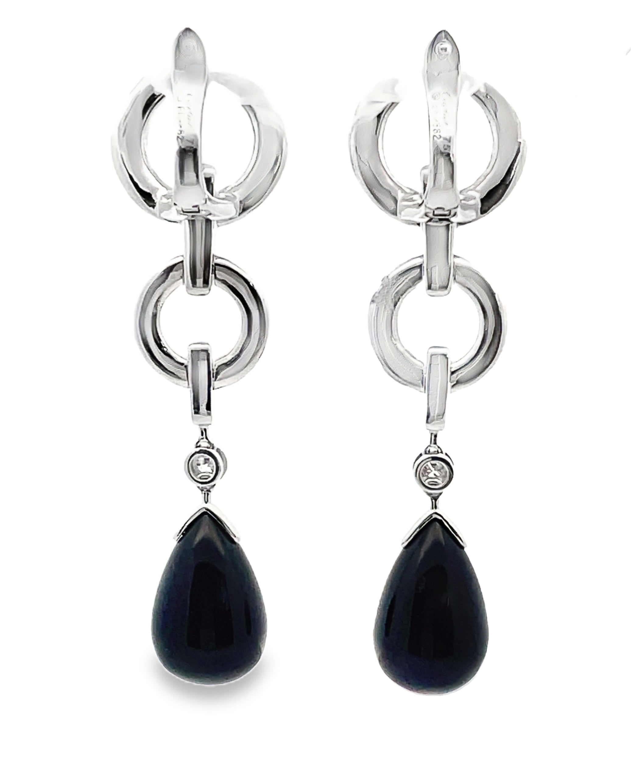 18K white gold drop earrings with European closure, onyx, an...