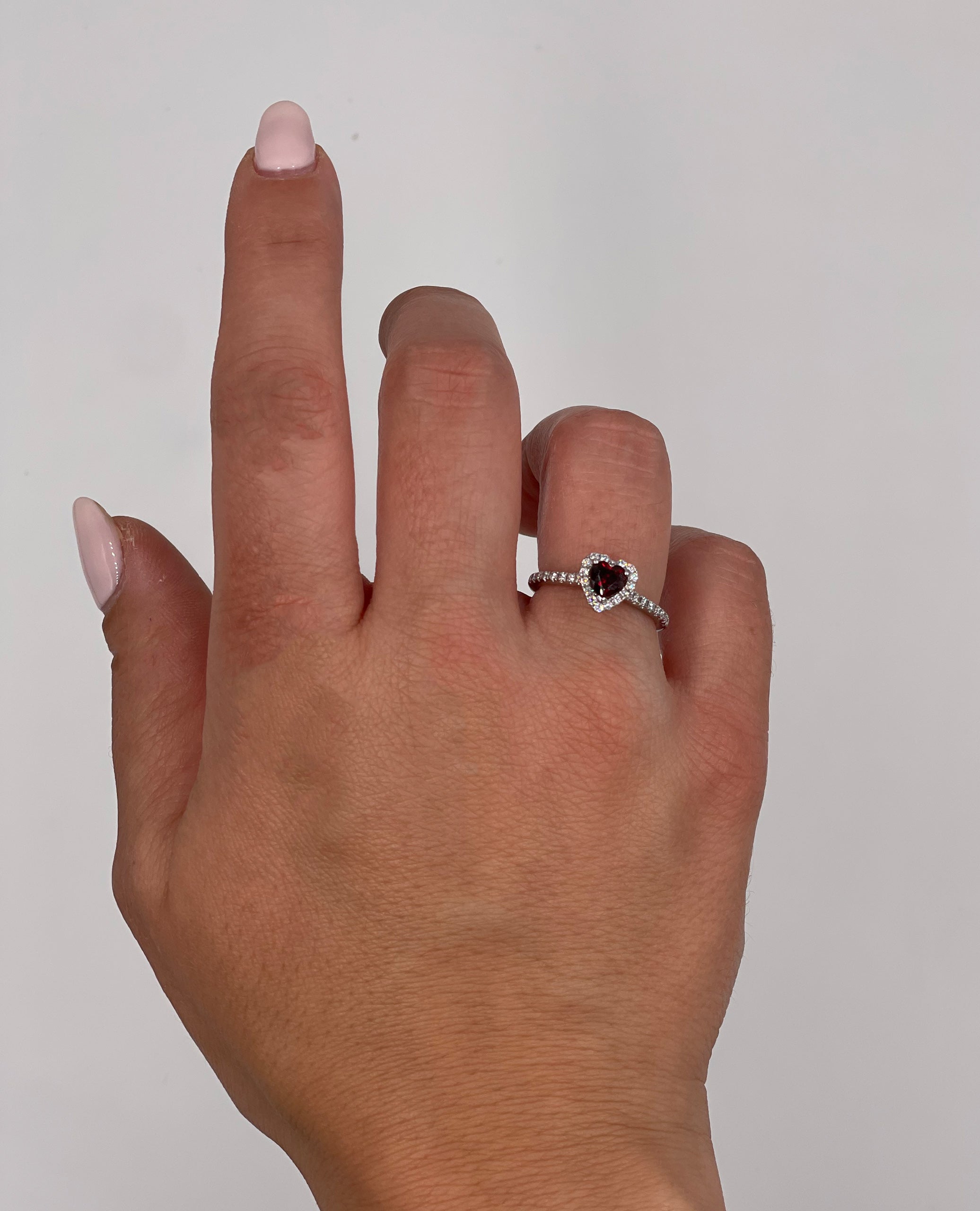 14K White Gold Ruby Heart Halo Ring with Diamonds