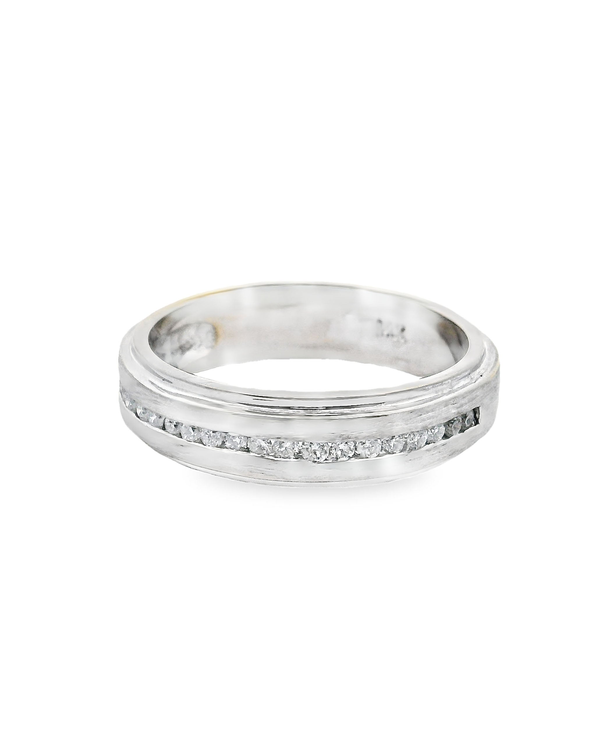 14K White Gold Men's Ring with Satin Finish and Round Diamonds