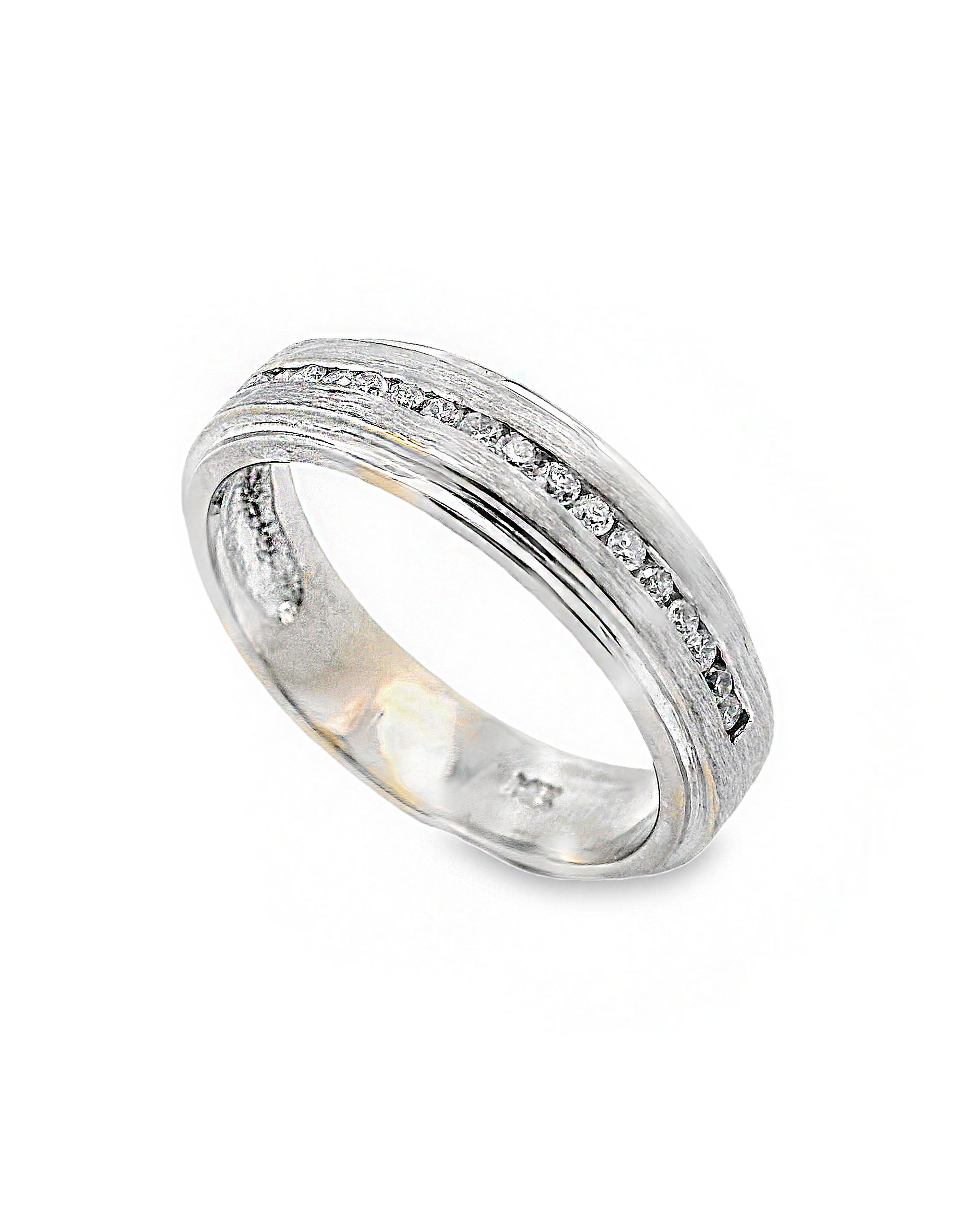 14K White Gold Men's Ring with Satin Finish and Round Diamonds