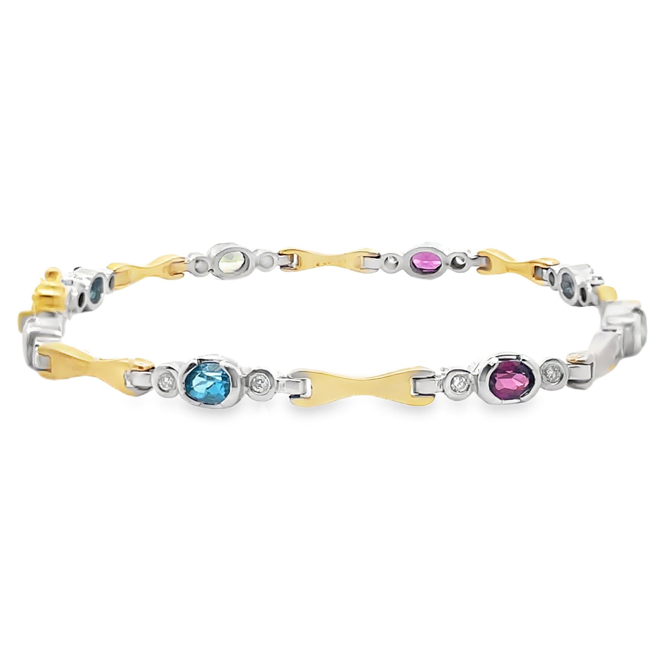 14K Two Tone Gold bracelet with 16 Round Diamonds Weighing 0.18 Carat and 8 Oval Multicolor Semiprecious Stones