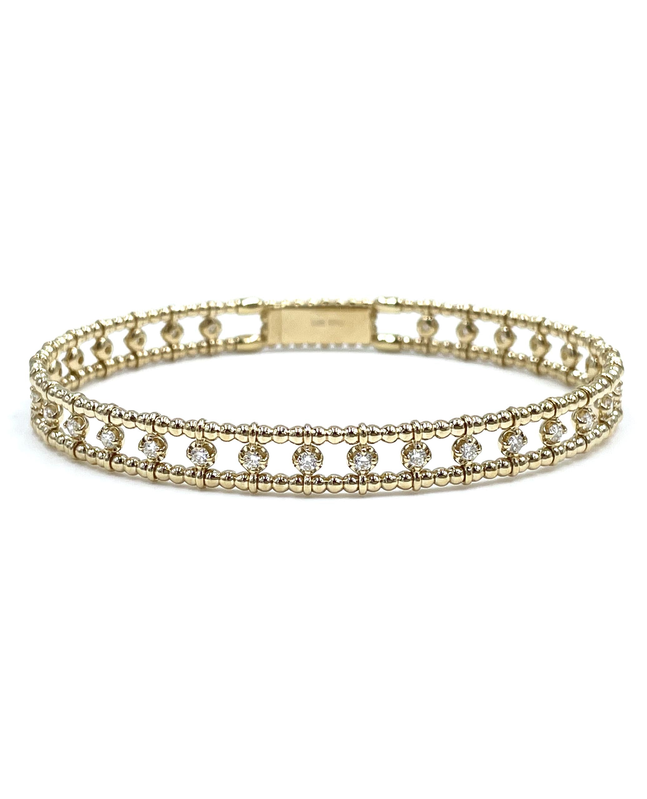 Semi Flexible Diamond Bangle Bracelet 14K Yellow Gold with Beading Detail