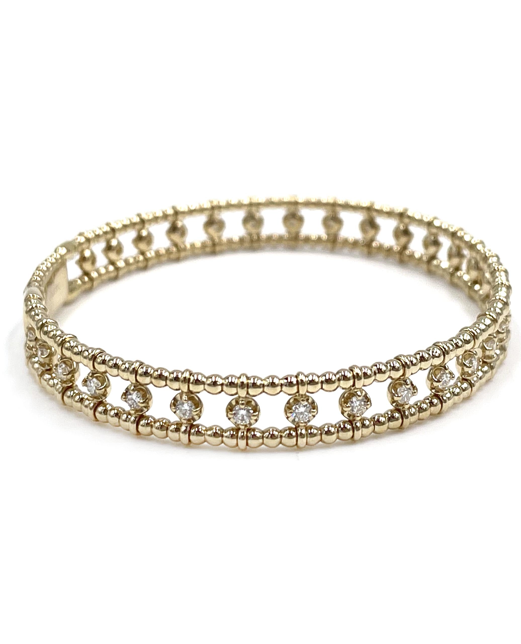 Semi Flexible Diamond Bangle Bracelet 14K Yellow Gold with Beading Detail