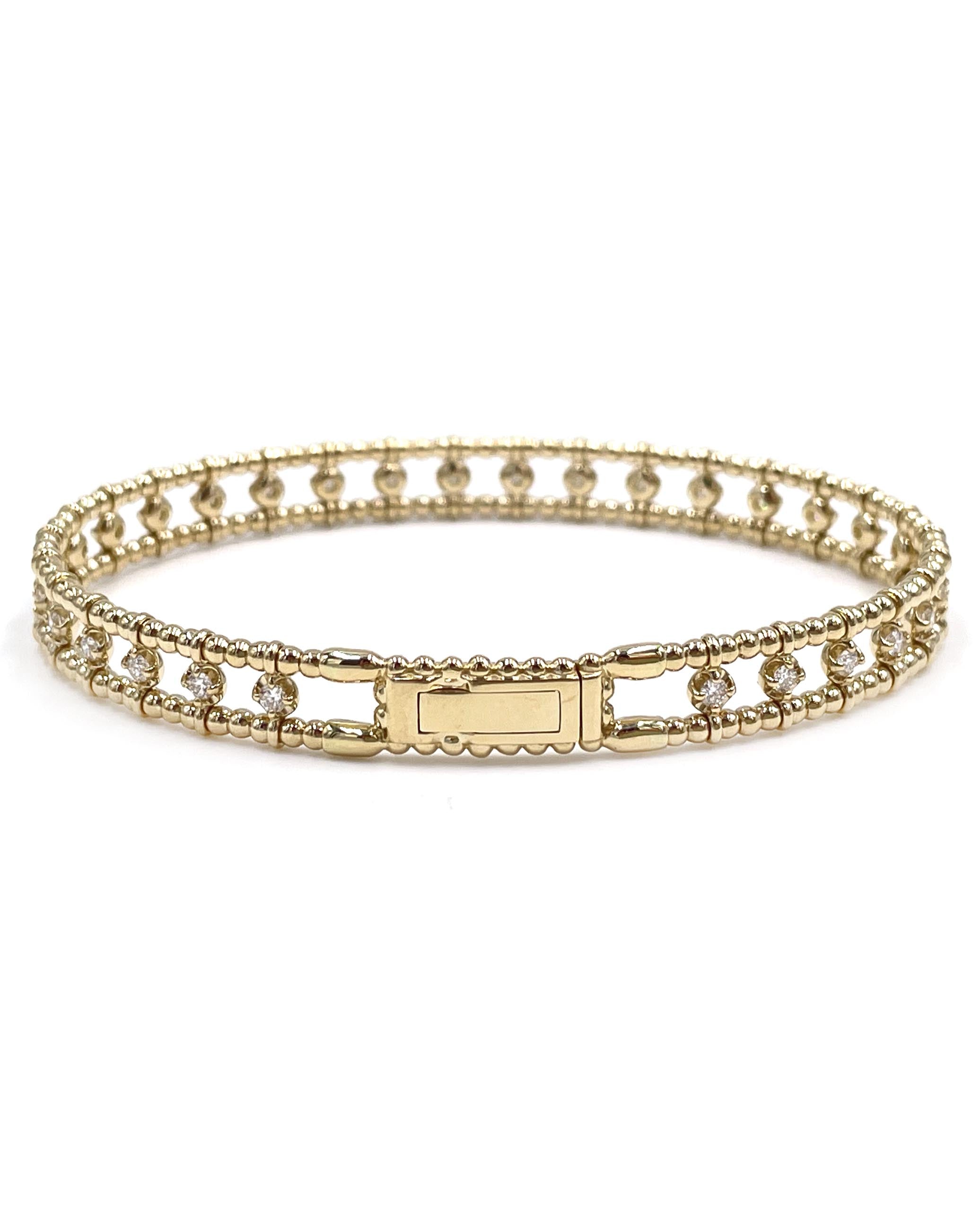 Semi Flexible Diamond Bangle Bracelet 14K Yellow Gold with Beading Detail