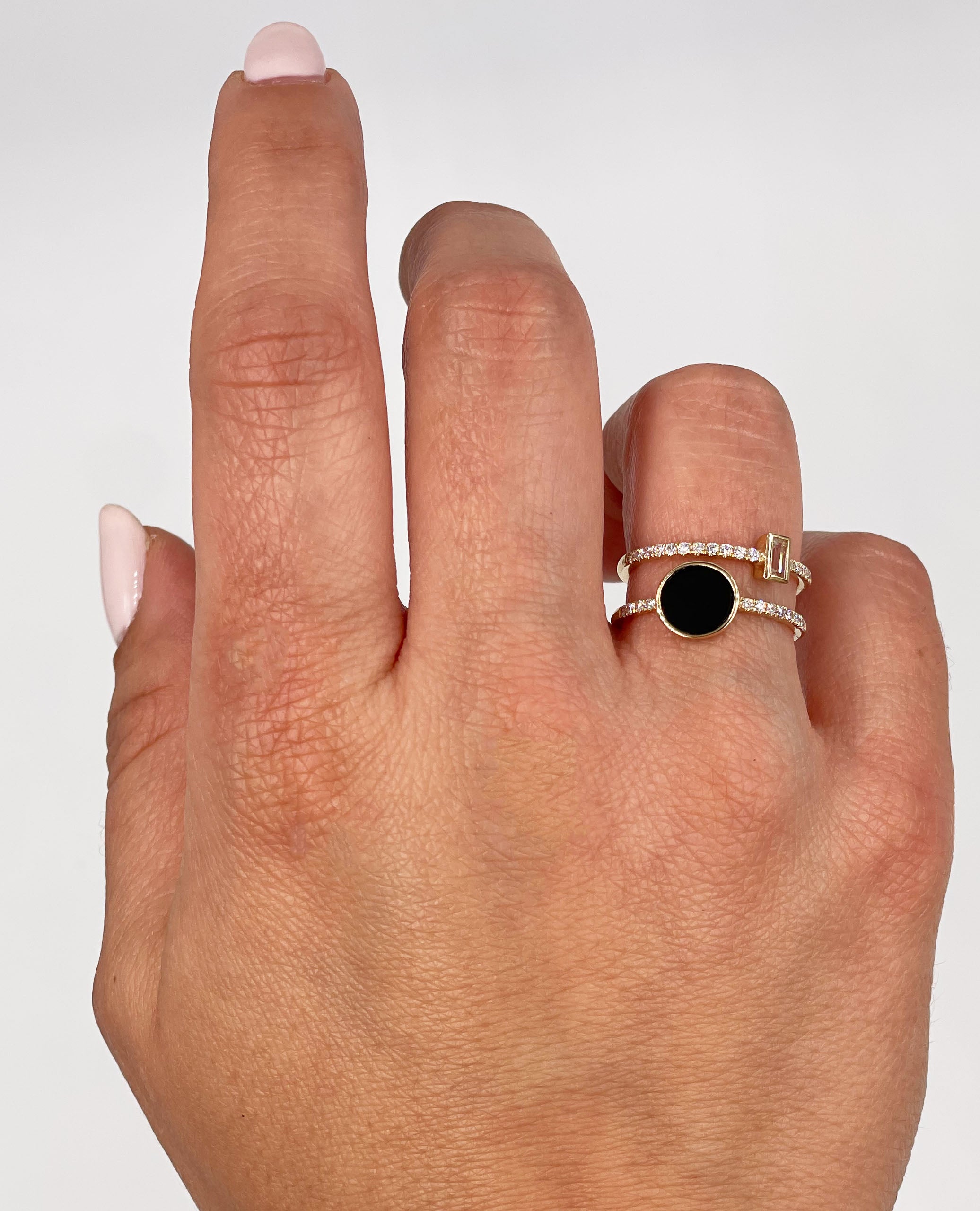 Round Black Onyx & Baguette White Topaz 14K Yellow Gold Double Row Diamond Ring