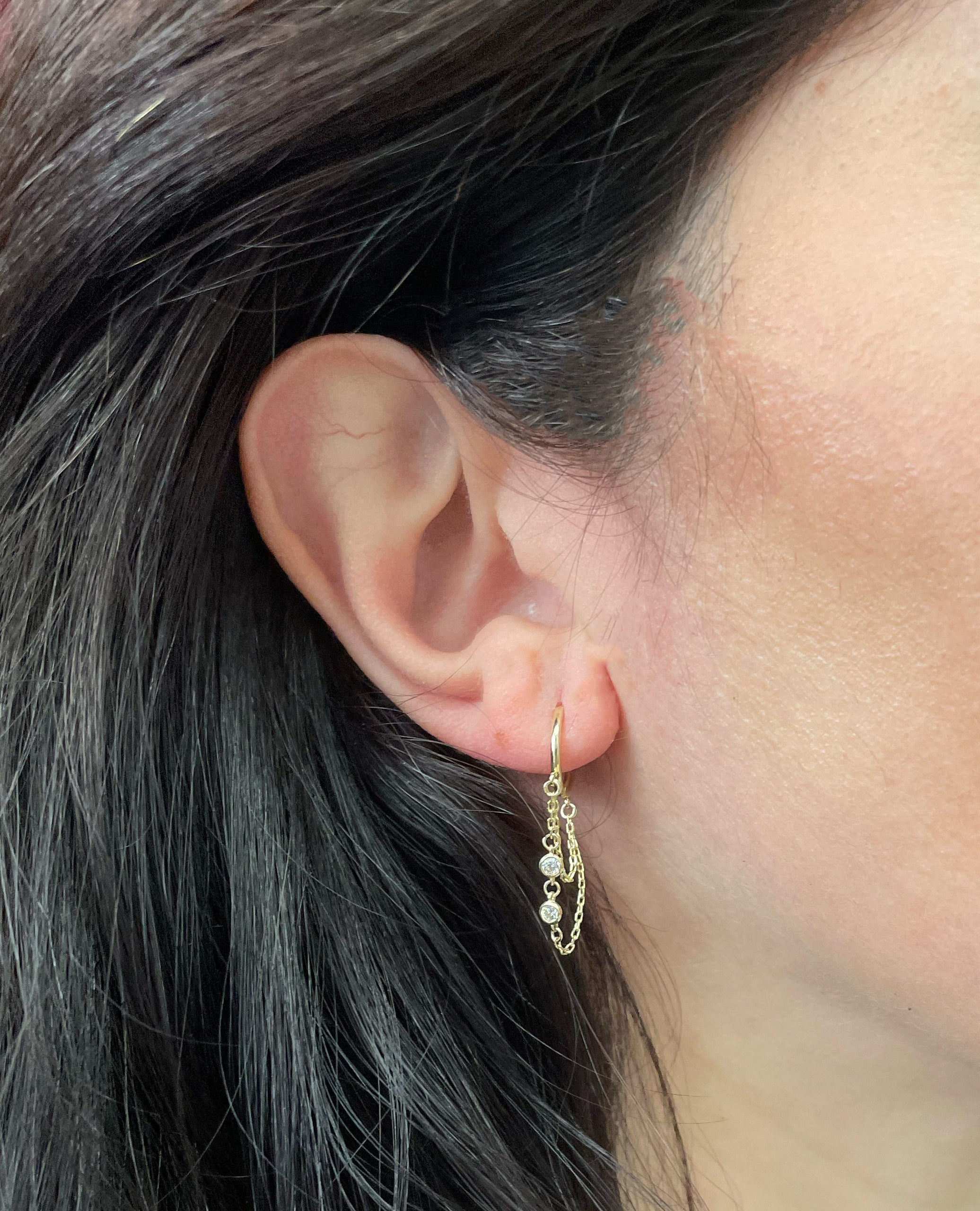 14K Yellow Gold Dangle Chain Hoop Earrings with Cubic Zirconia