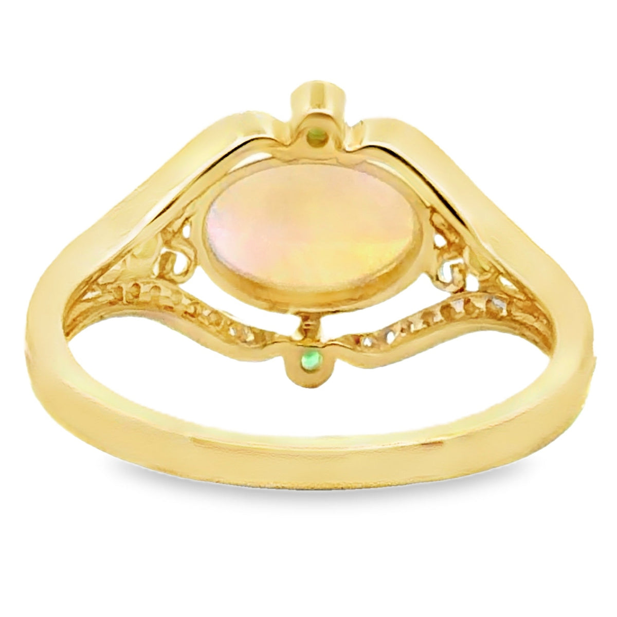 14K Yellow Gold Ring with Oval Opal 0.57 Carat, Round Diamonds 0.14 Ct and Green Garnets 0.07 Ct