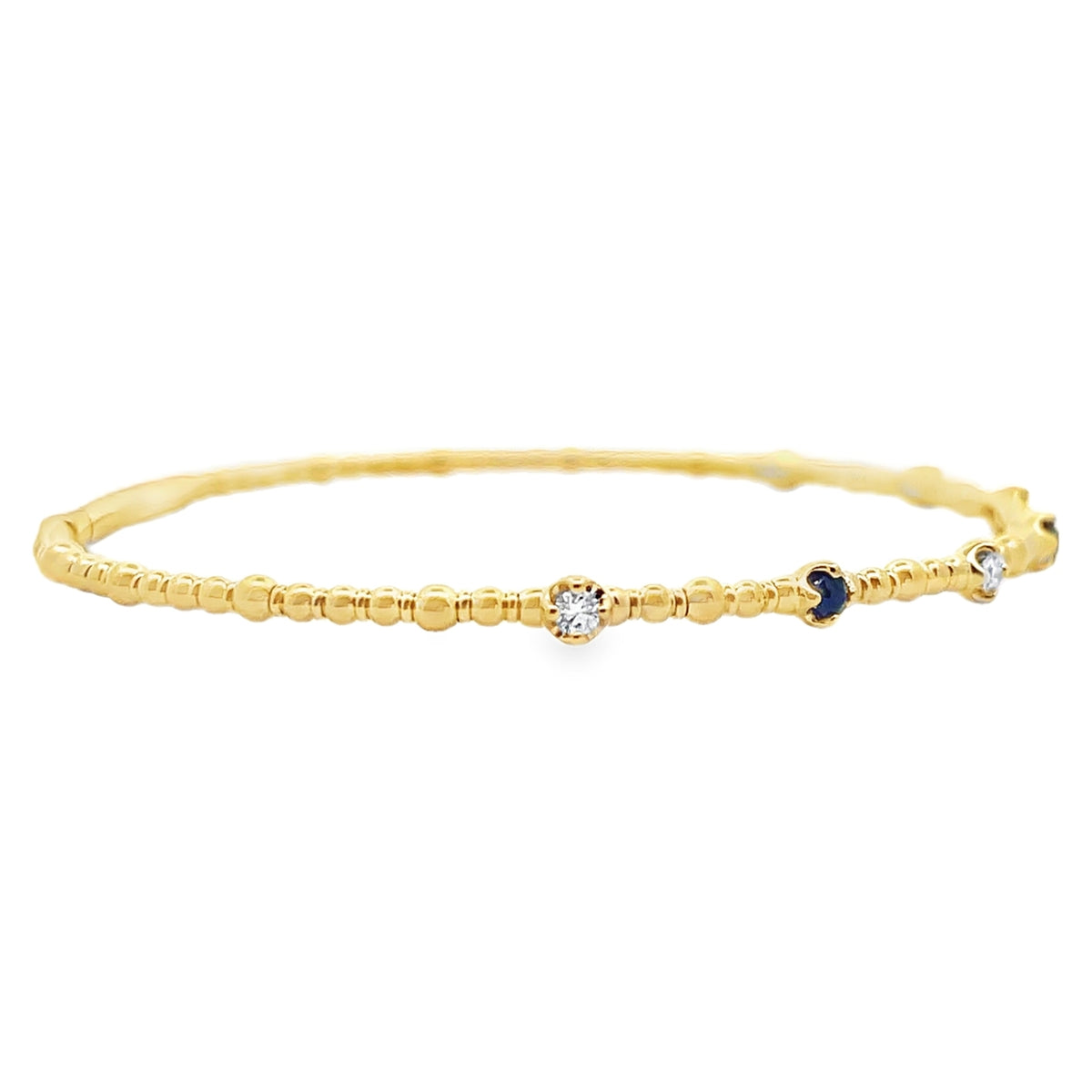 14K Yellow Gold Seven Station 0.13 Carat Sapphire, 0.12 Carat Diamond Flexible Bangle Bracelet