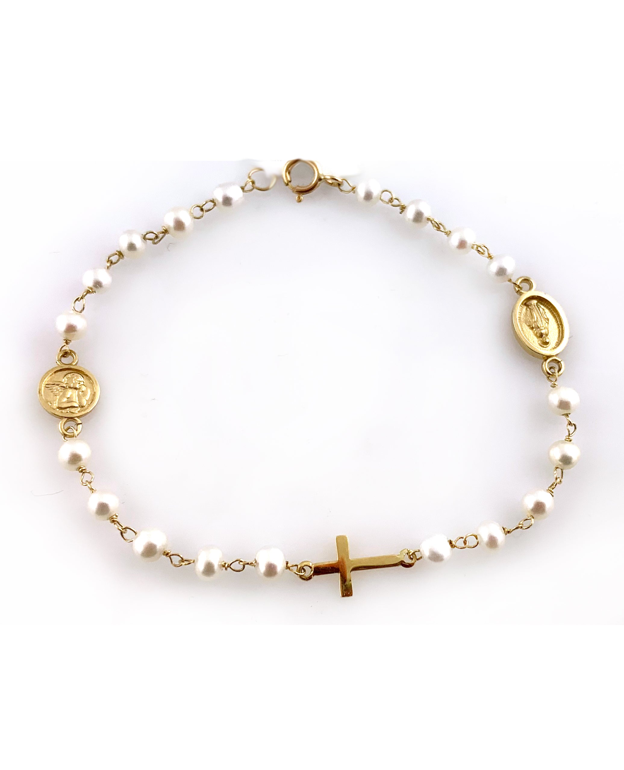Religious Bracelet with Pearls and 14K Yellow Gold