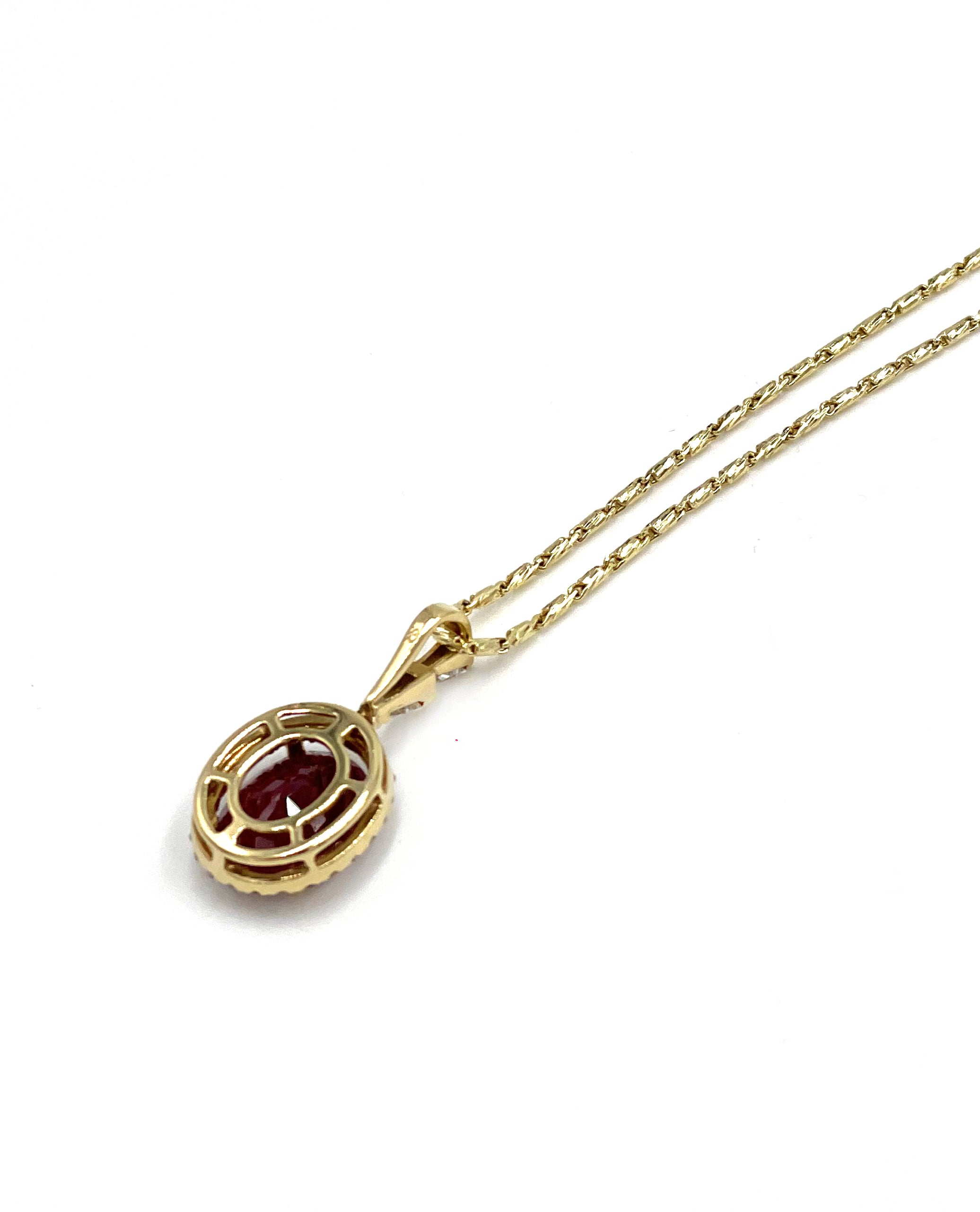18K Yellow Gold Necklace with Oval Ruby Pendant and Halo Diamonds