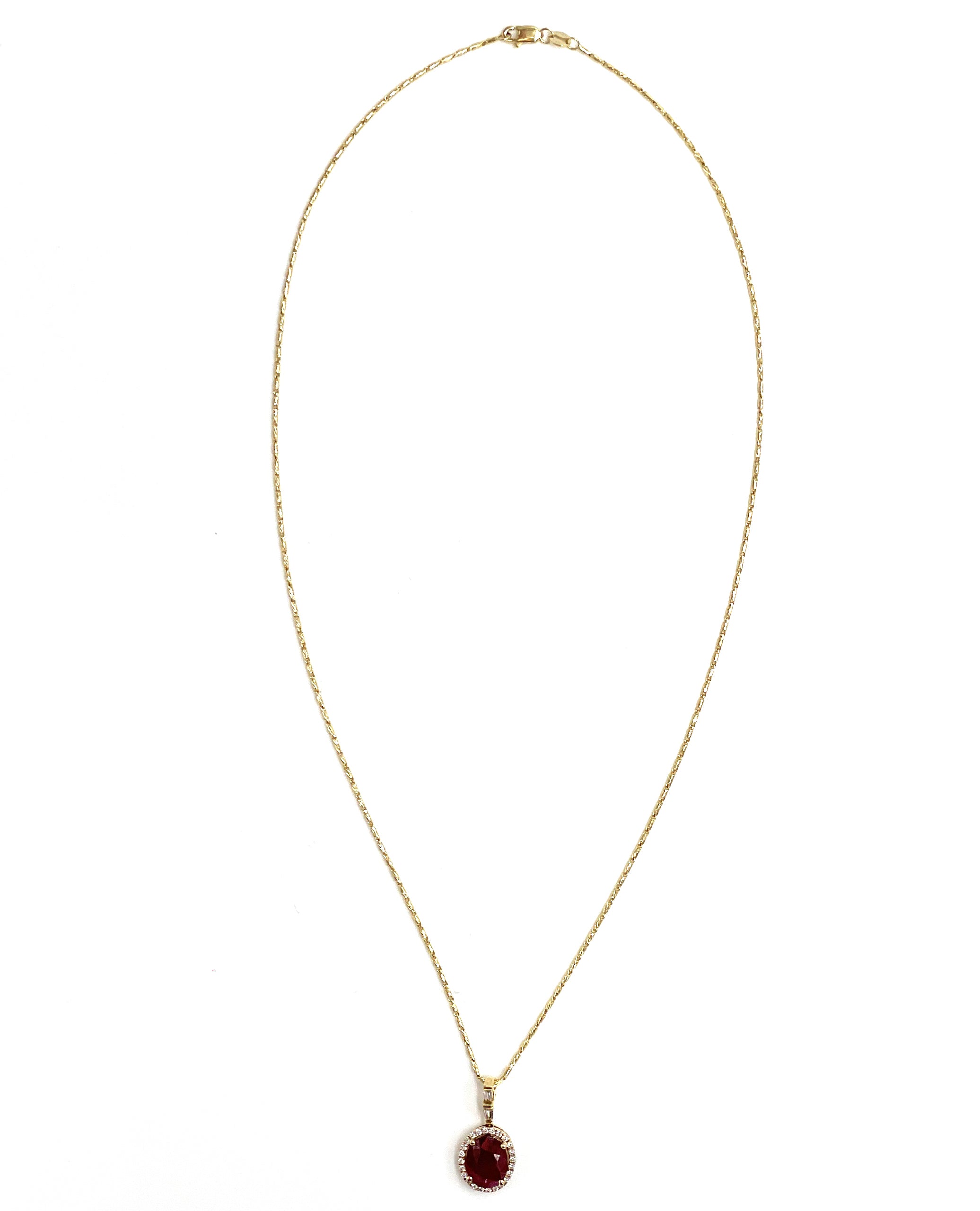 18K Yellow Gold Necklace with Oval Ruby Pendant and Halo Diamonds