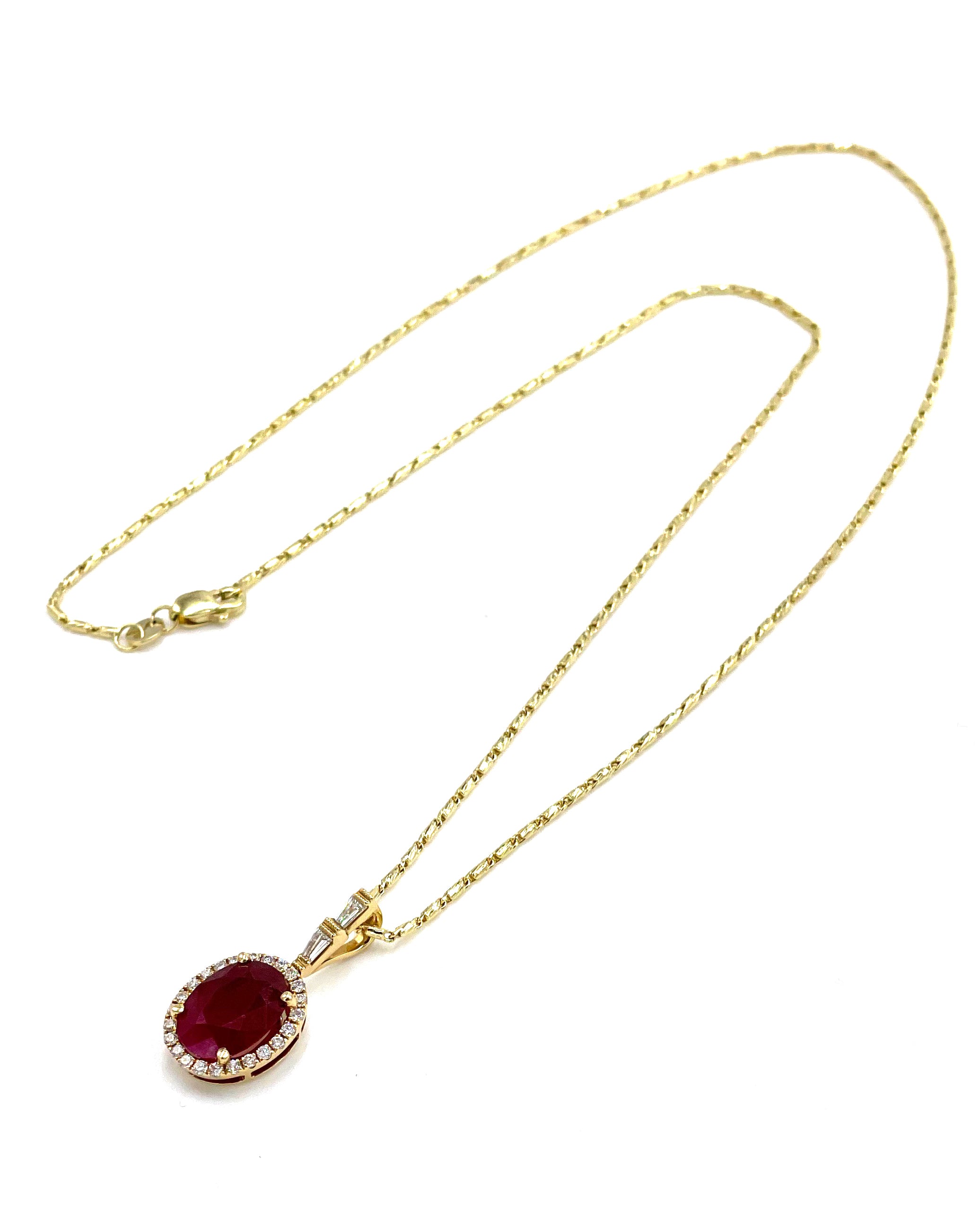 18K Yellow Gold Necklace with Oval Ruby Pendant and Halo Diamonds