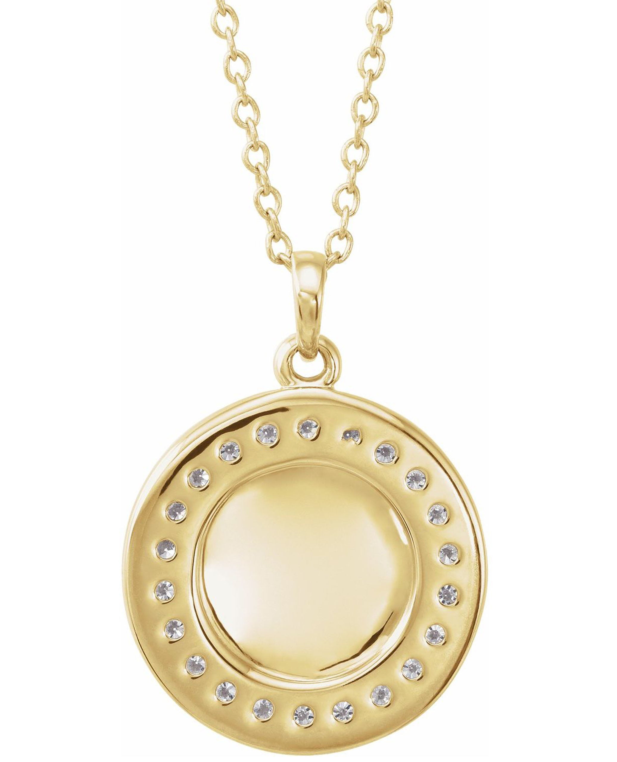 14K Yellow Gold Engravable Circle Necklace With 0.22 Carat Round Diamonds Along the Circle
