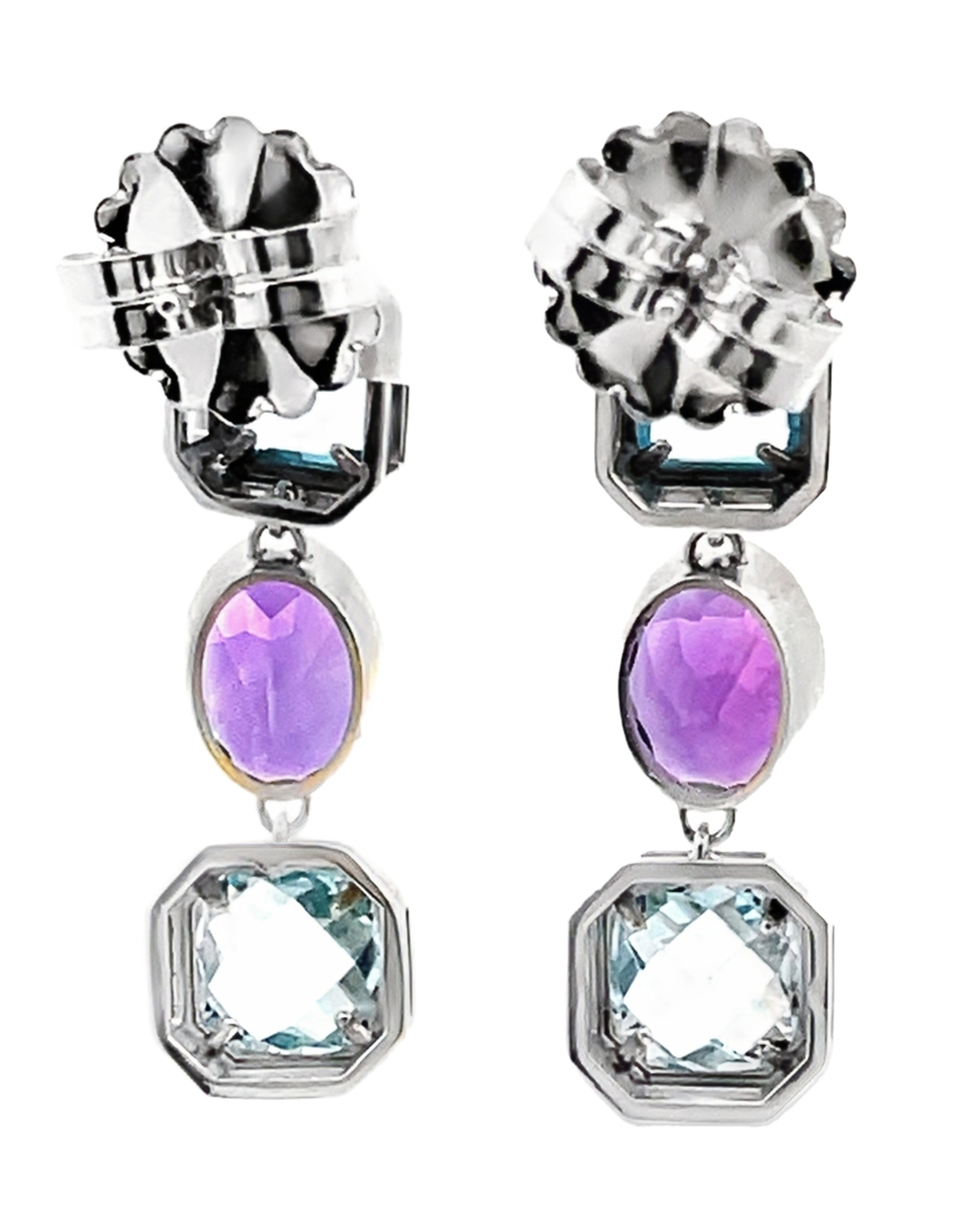 14K White Gold Amethyst & Blue Topaz Dangle Earrings