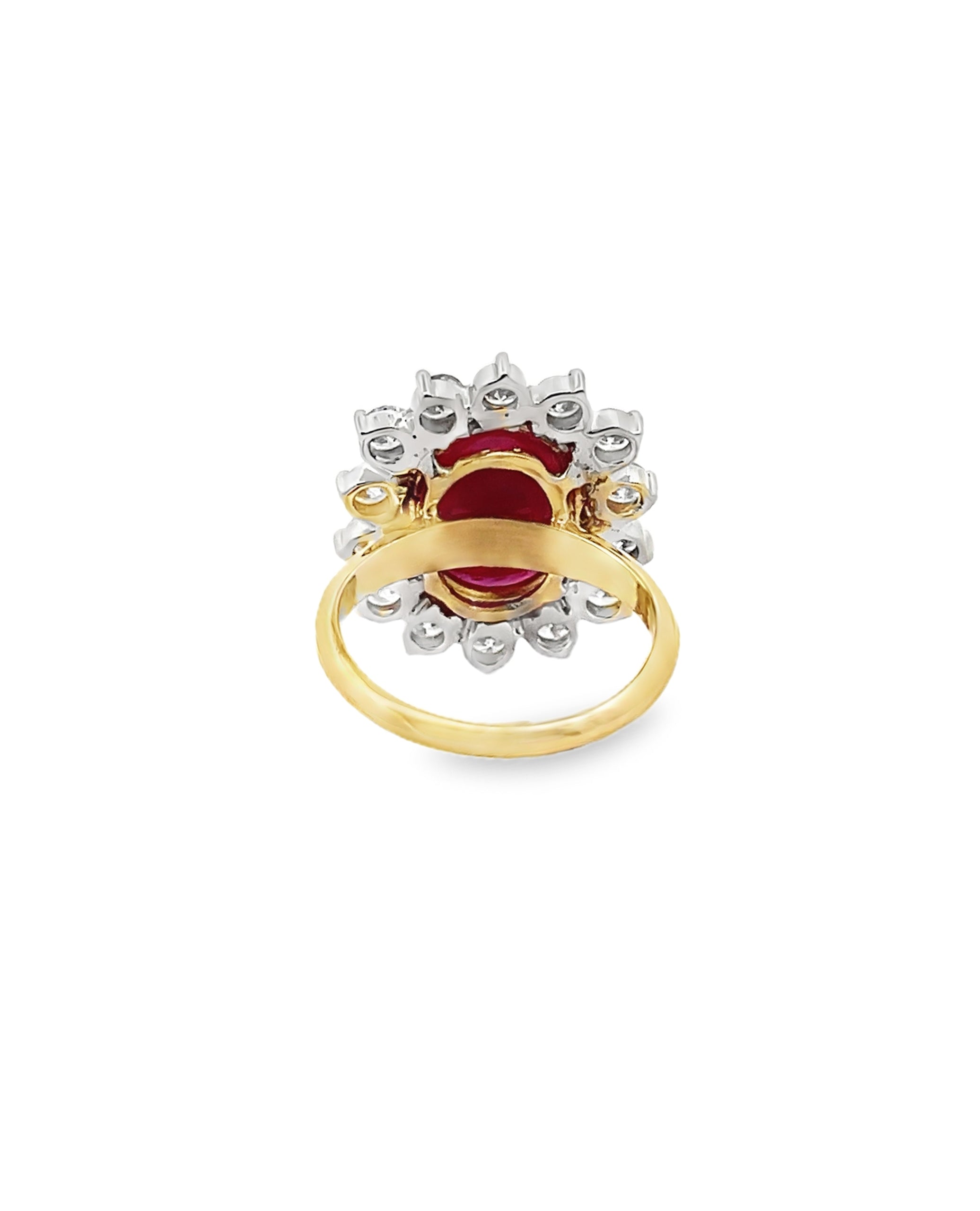 Starburst 18K Yellow Gold Ring, Prong Set Oval Cabochon Ruby & Round Diamonds