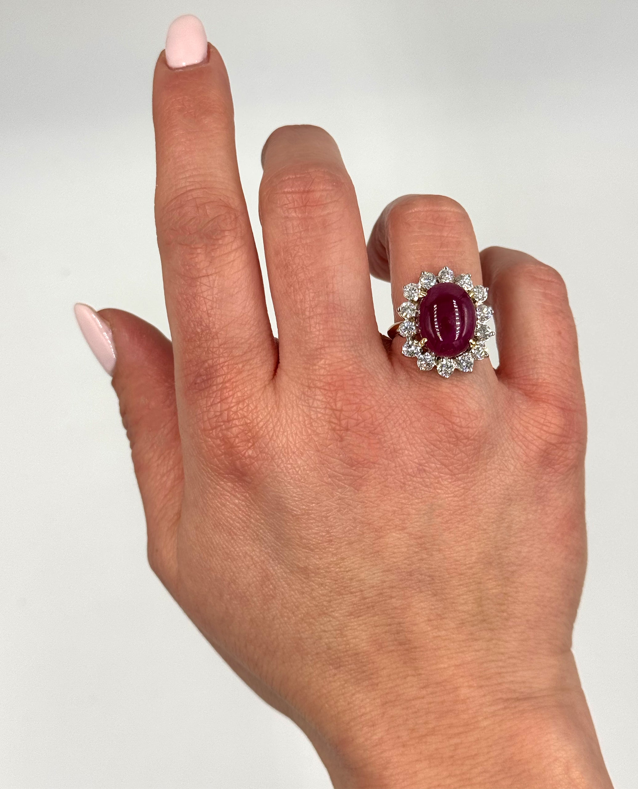 Starburst 18K Yellow Gold Ring, Prong Set Oval Cabochon Ruby & Round Diamonds