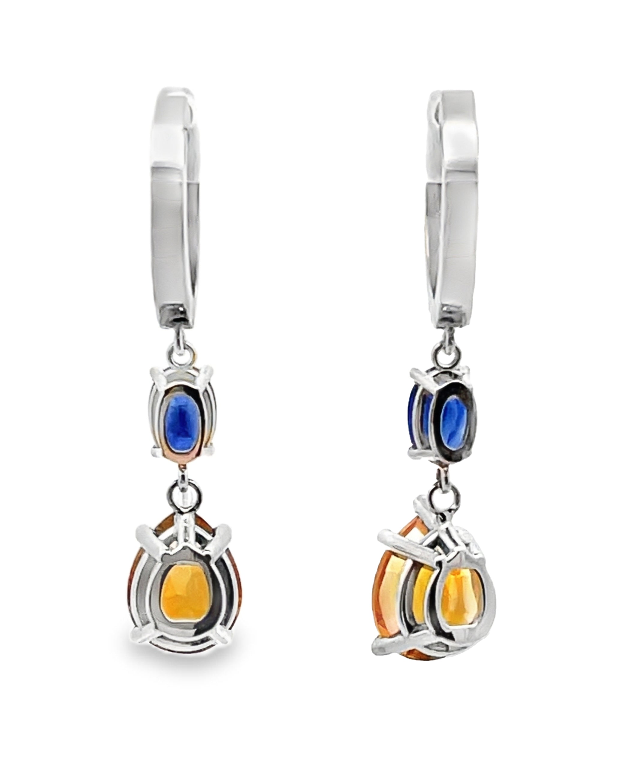 Drop Earrings 14K White Gold Pear Shaped Citrine, Oval Sapphires, Round Diamonds