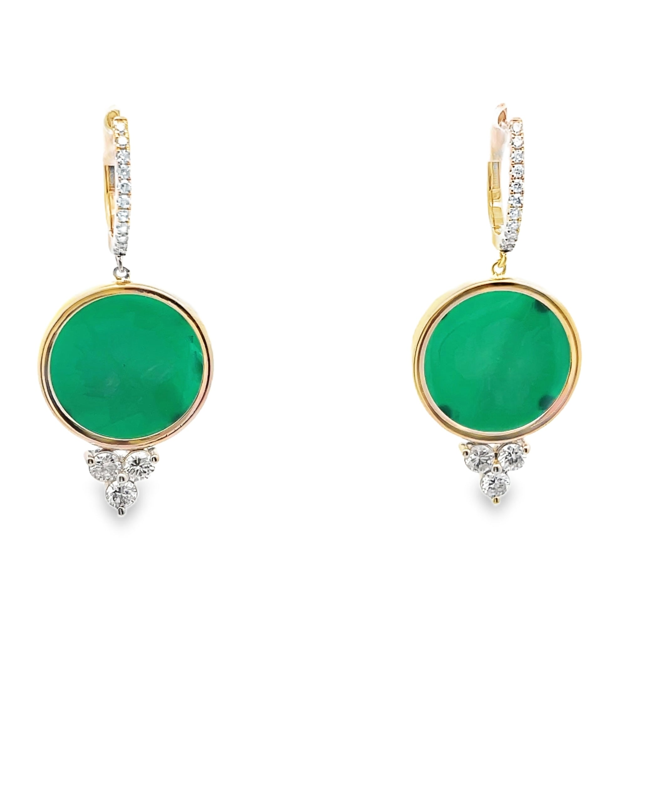 Bezel Set Green Intaglio Drop Earrings with Diamonds in 14K Yellow Gold