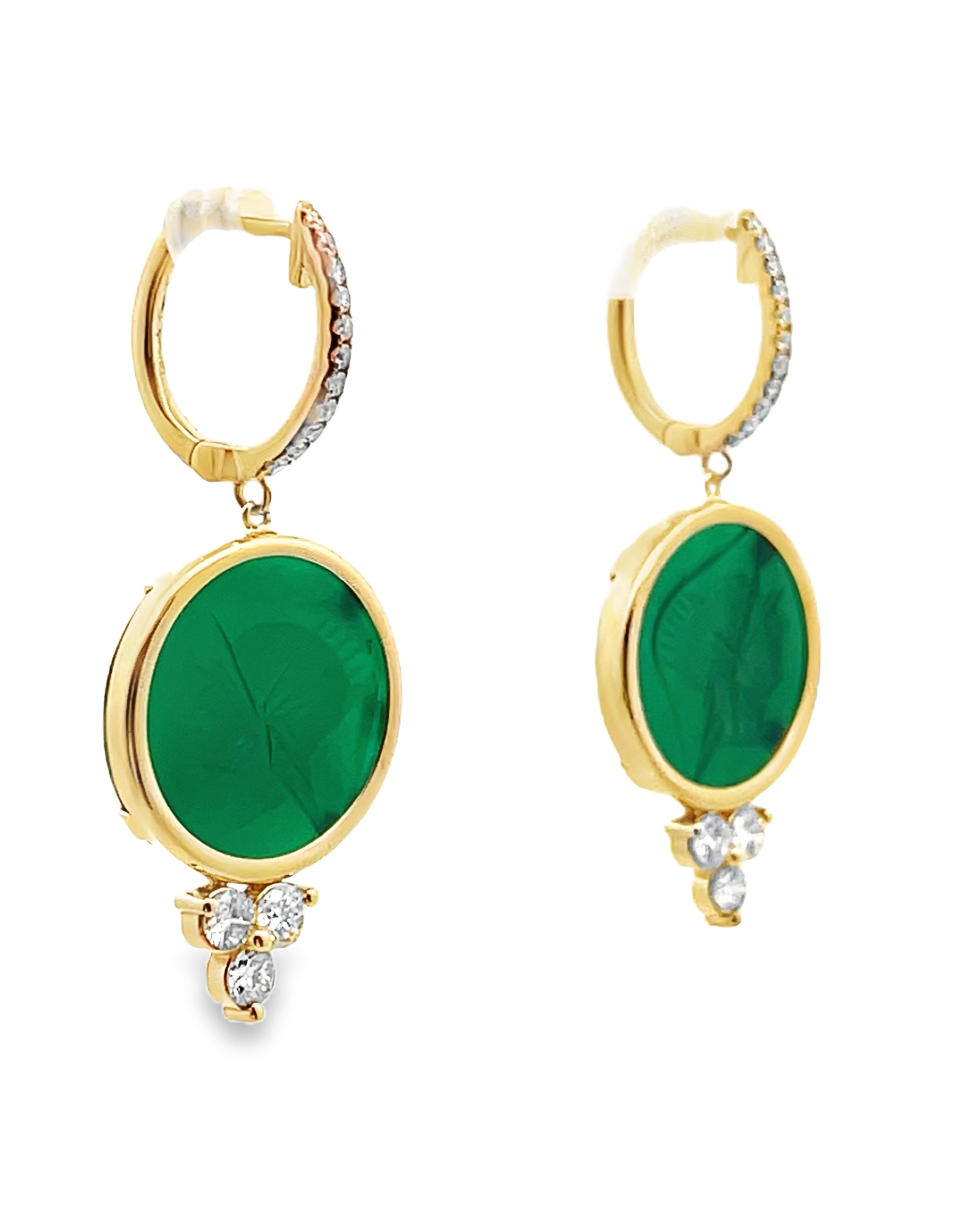 Bezel Set Green Intaglio Drop Earrings with Diamonds in 14K Yellow Gold