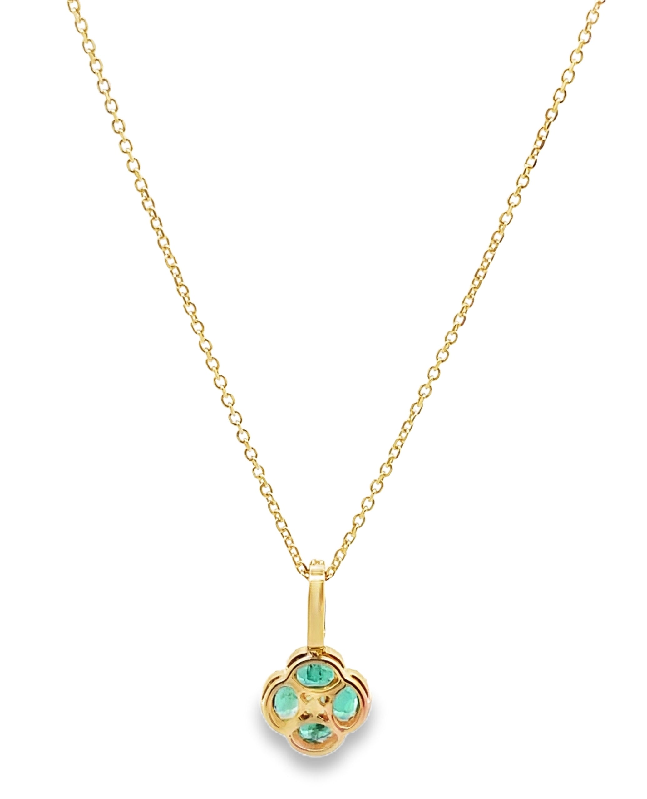 18K Yellow Gold Emerald & Diamond Quatrefoil Pendant Necklace