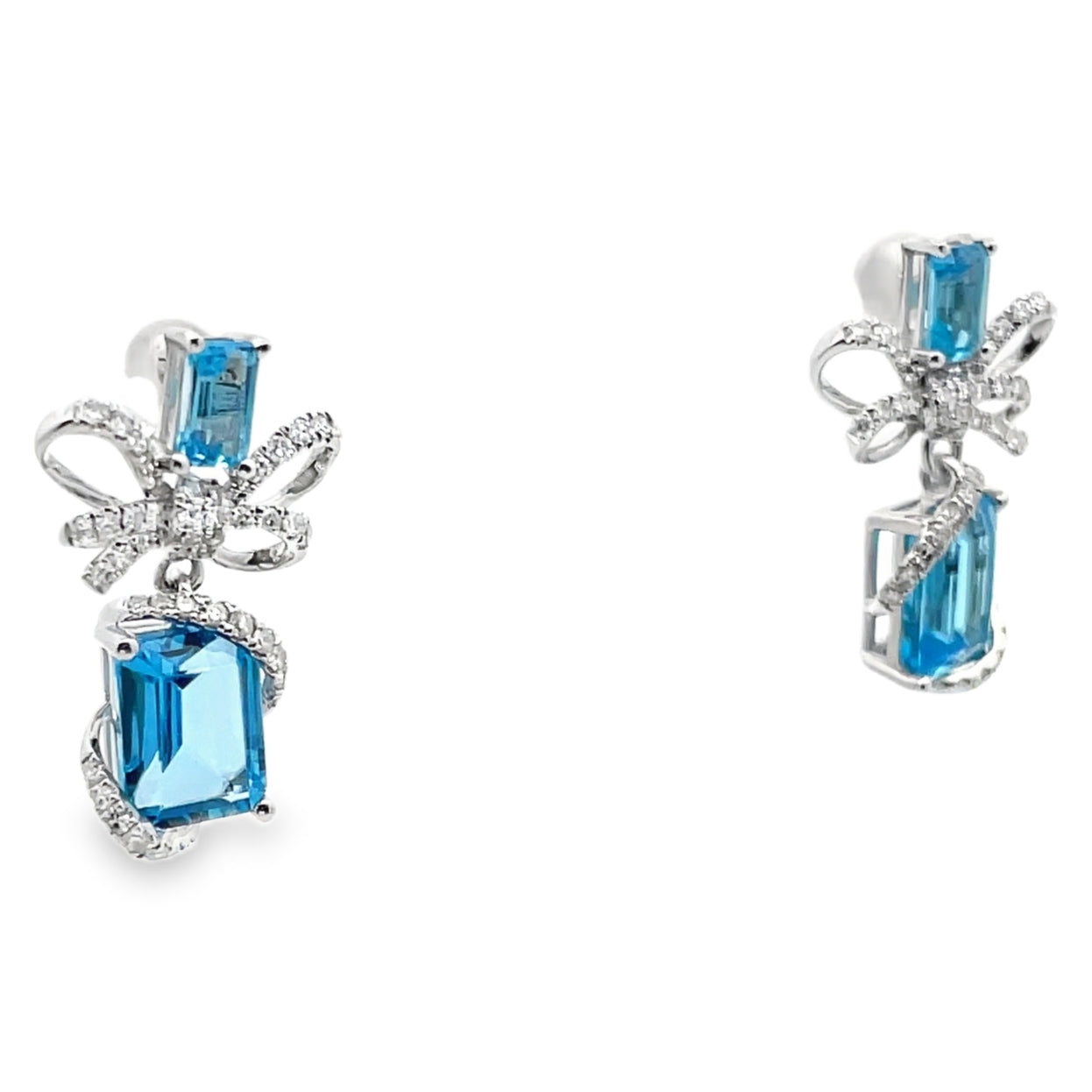 14K White Gold Bow Earrings with Blue Topaz and Diamonds
