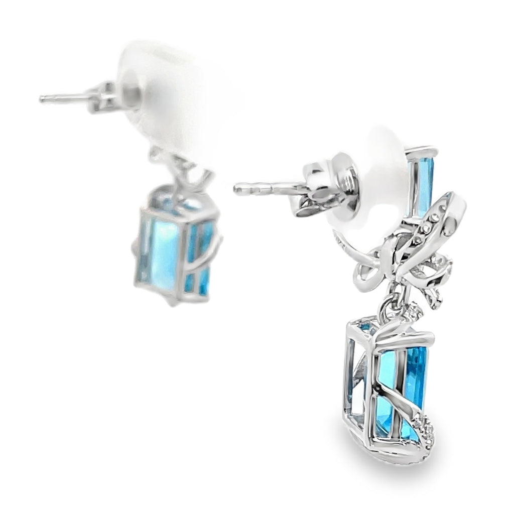 14K White Gold Bow Earrings with Blue Topaz and Diamonds