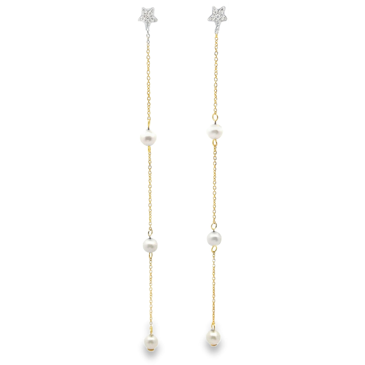 Meira T E10278/YP 14K Yellow Gold Long Pearl & Diamond Earrings