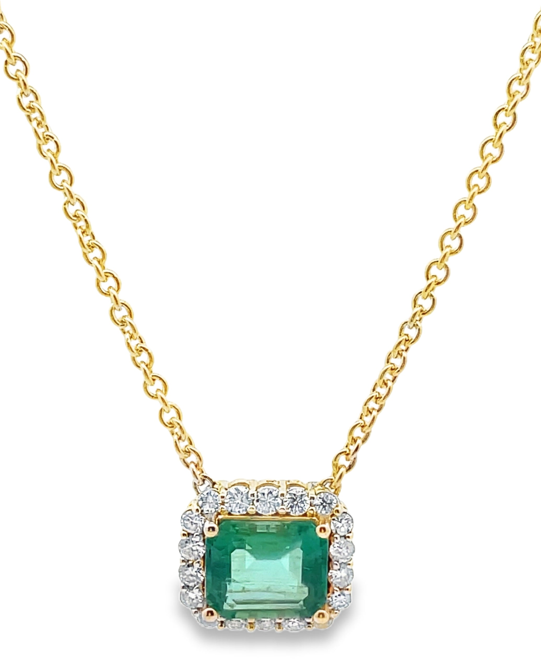GIA Certified Colombian Emerald and Round Diamond Halo Pendant Necklace in 14K Yellow Gold