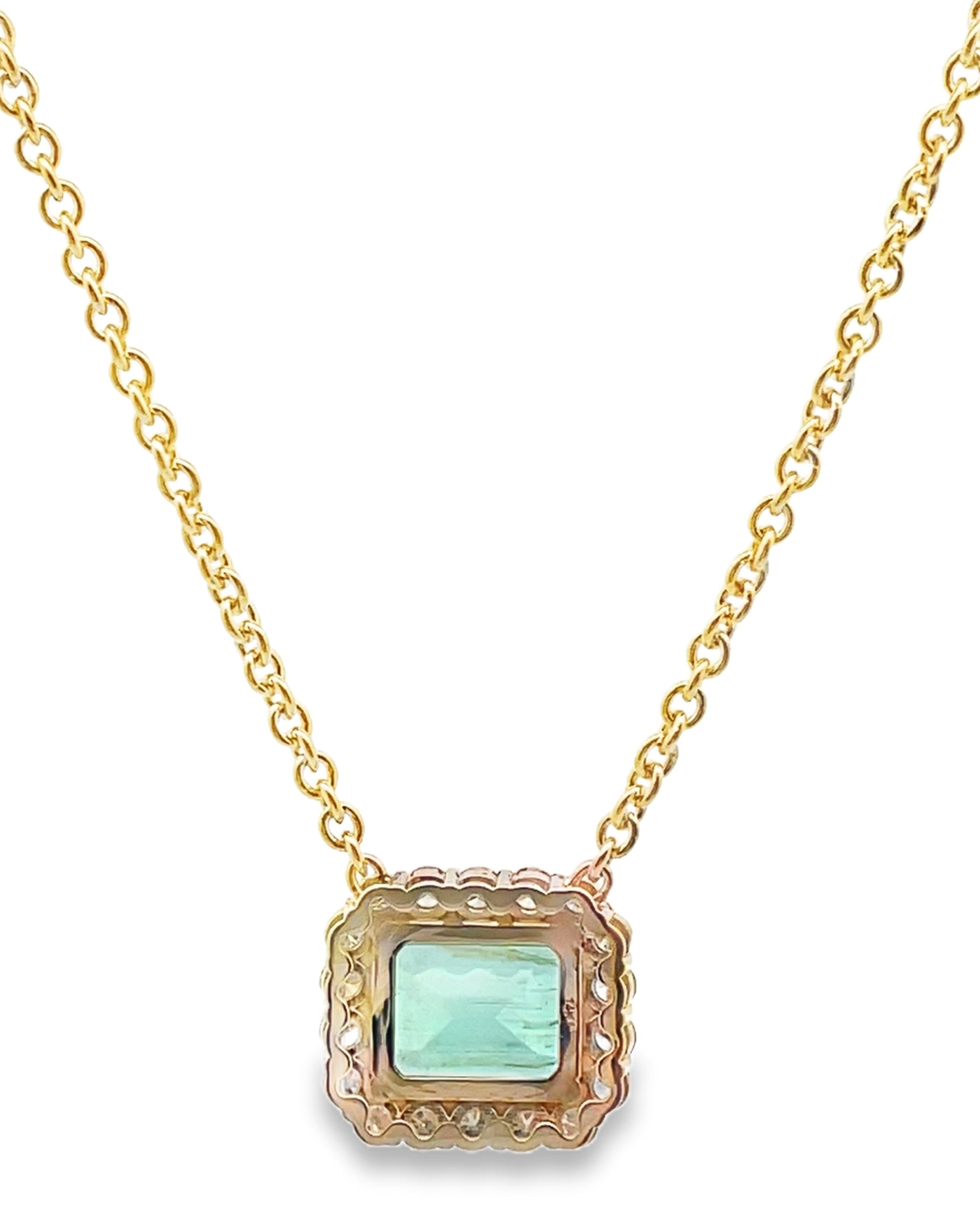 GIA Certified Colombian Emerald and Round Diamond Halo Pendant Necklace in 14K Yellow Gold