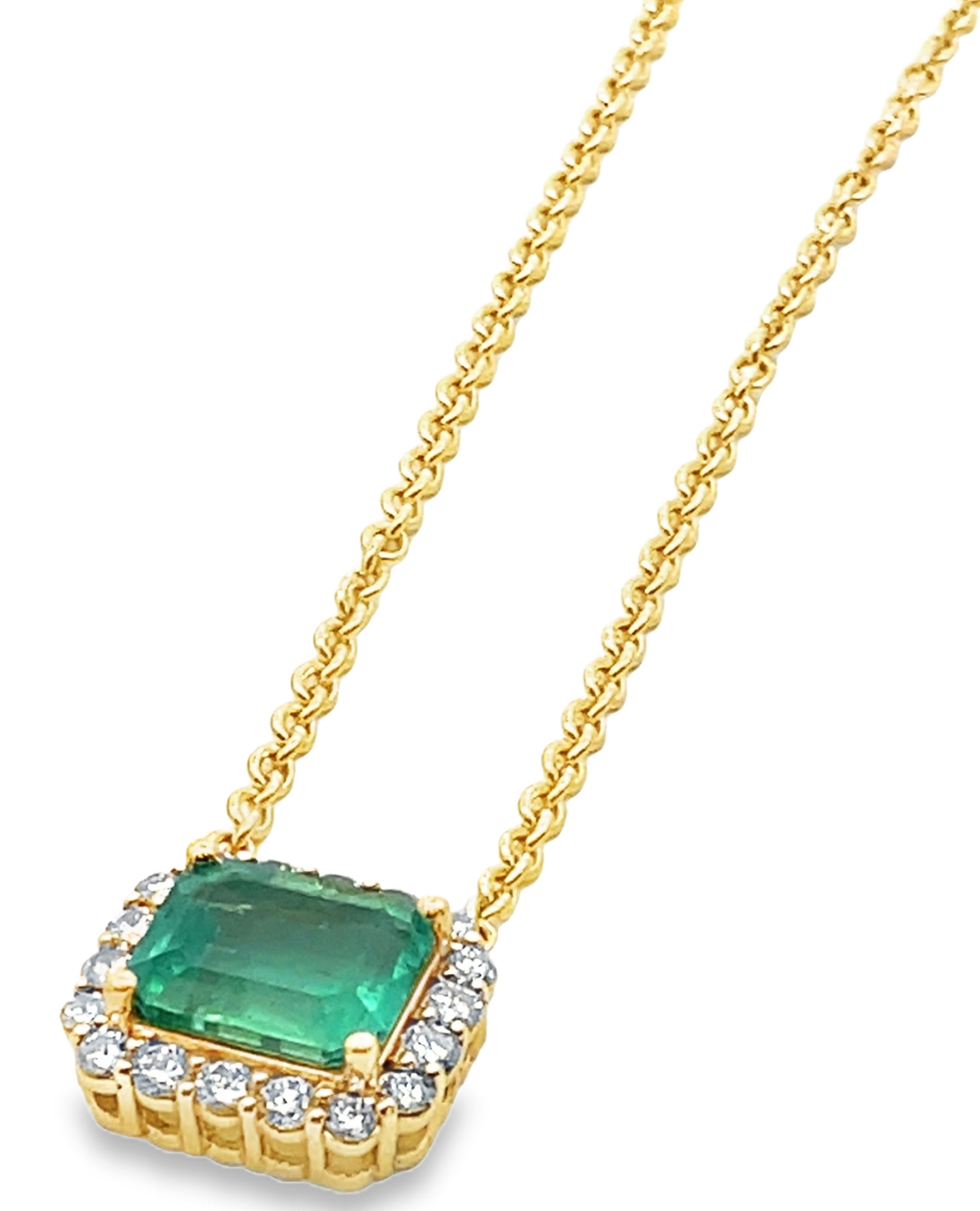 GIA Certified Colombian Emerald and Round Diamond Halo Pendant Necklace in 14K Yellow Gold