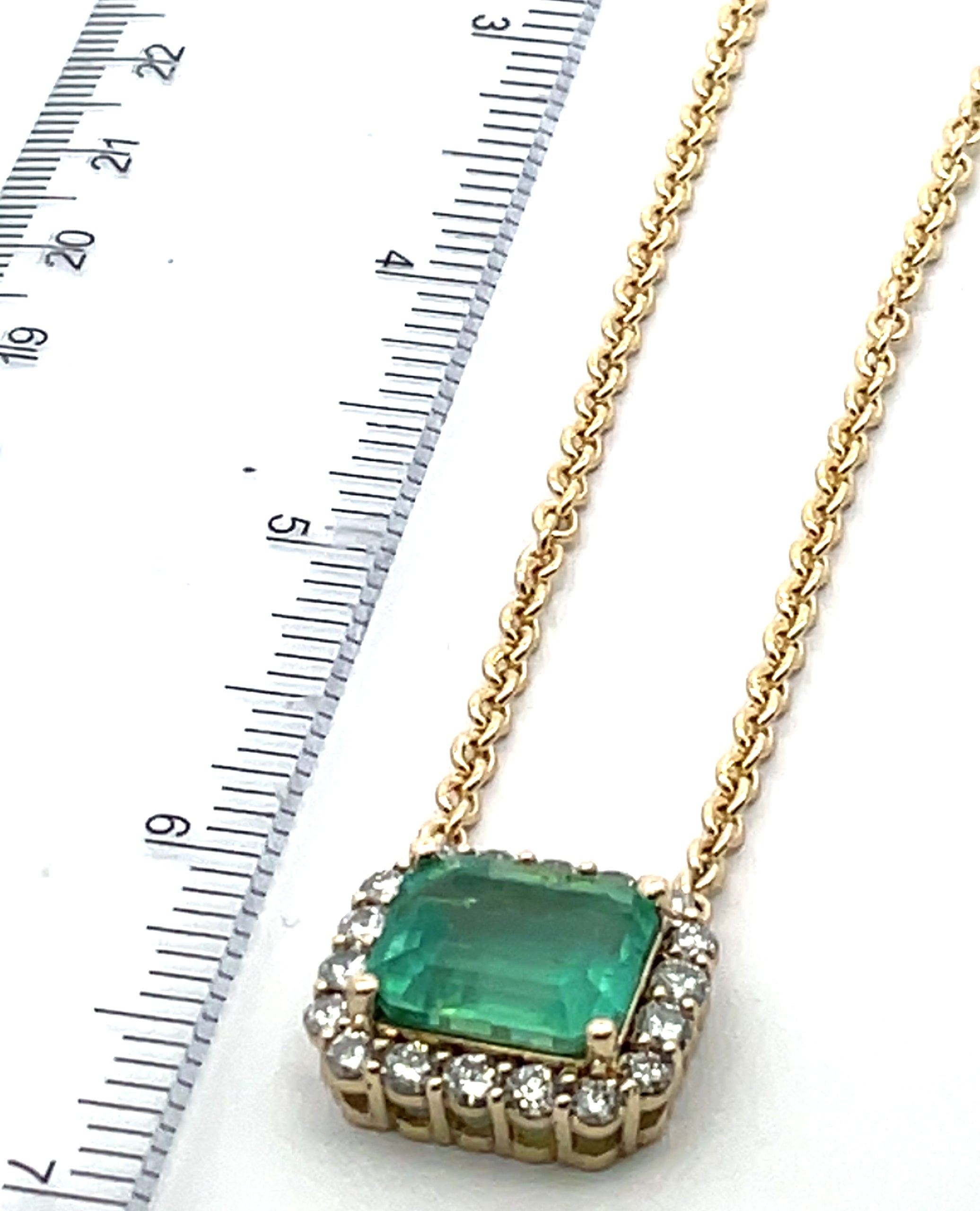 GIA Certified Colombian Emerald and Round Diamond Halo Pendant Necklace in 14K Yellow Gold