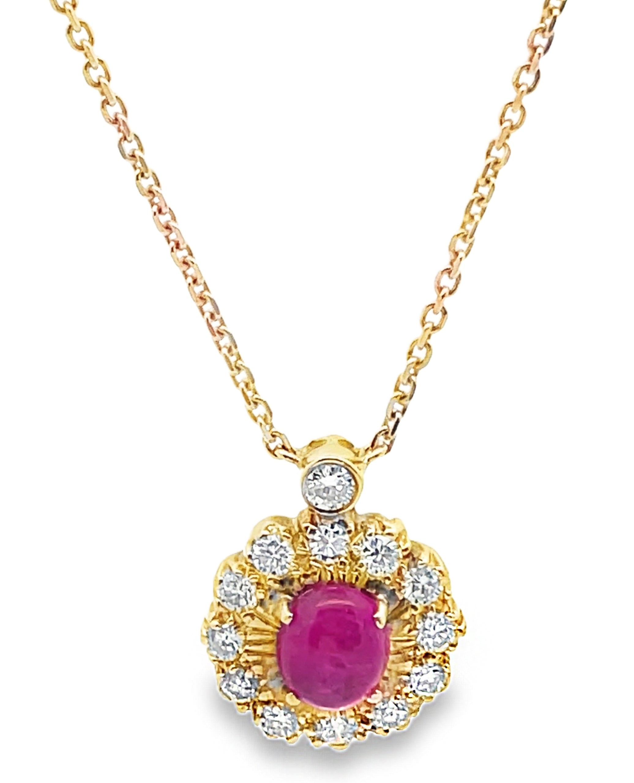 Vintage Oval Ruby Pendant in 18K Gold with Diamonds on a New Chain