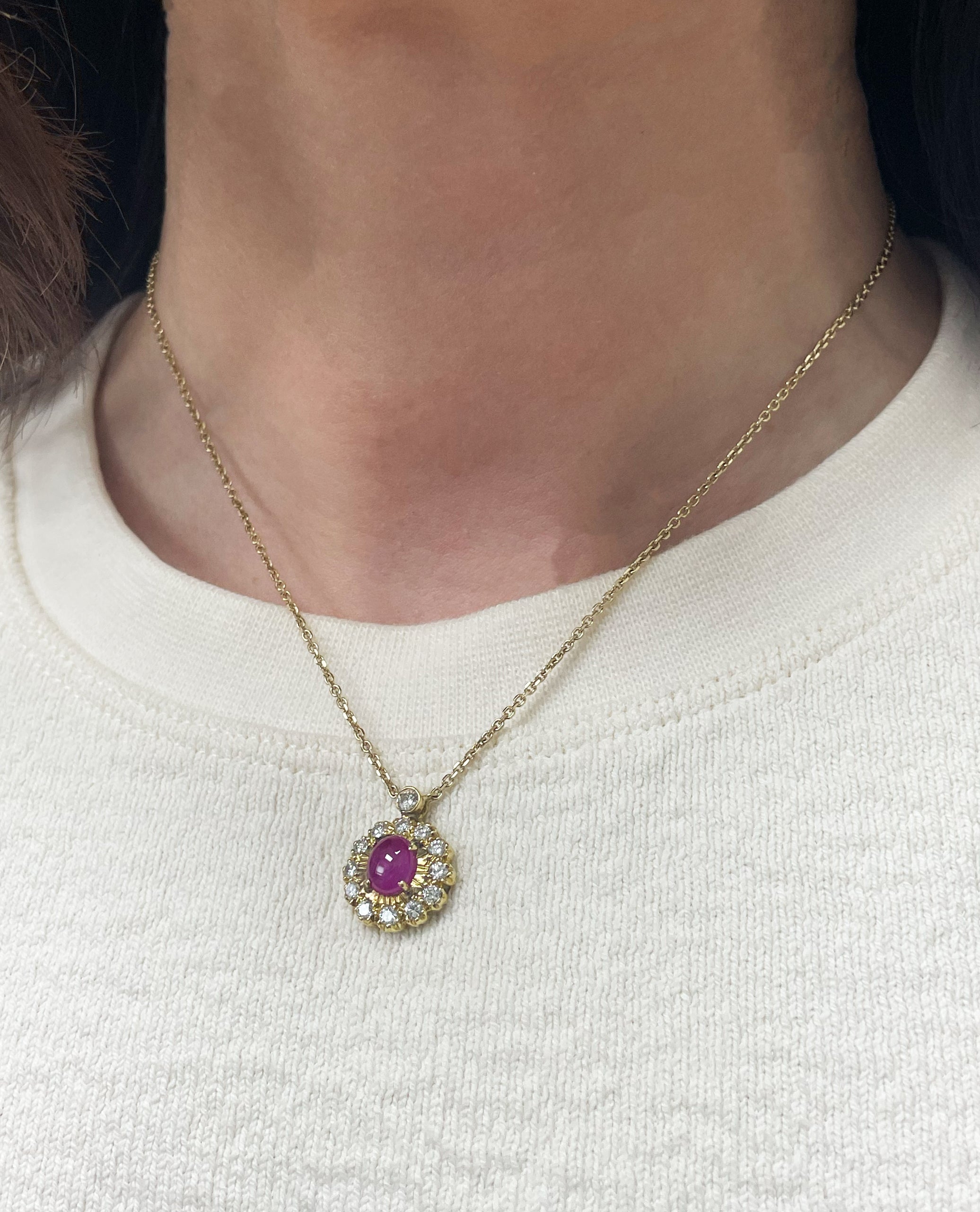 Vintage Oval Ruby Pendant in 18K Gold with Diamonds on a New Chain