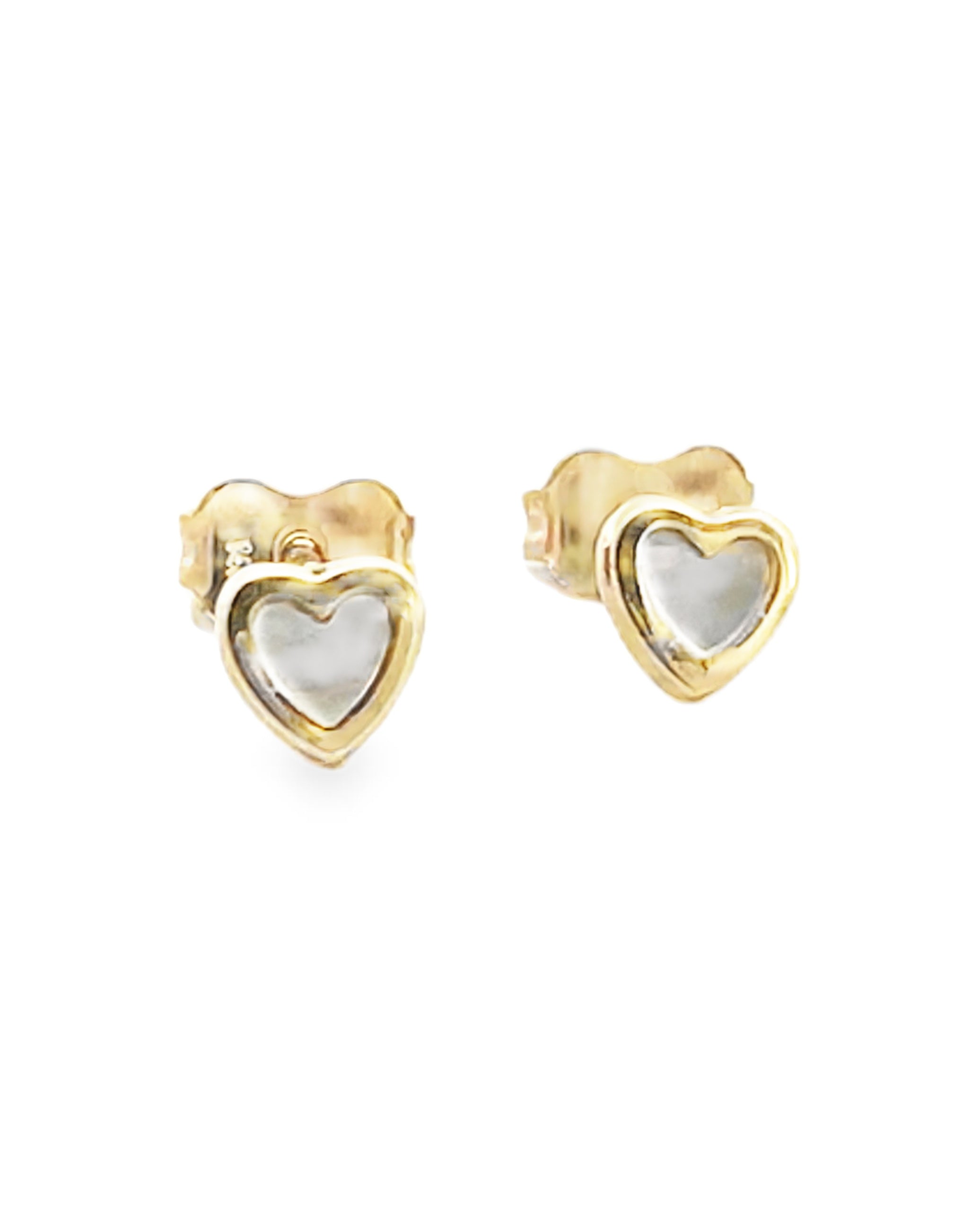14K Yellow Gold Mini Heart Mother of Pearly Stud Earrings with Pushbacks