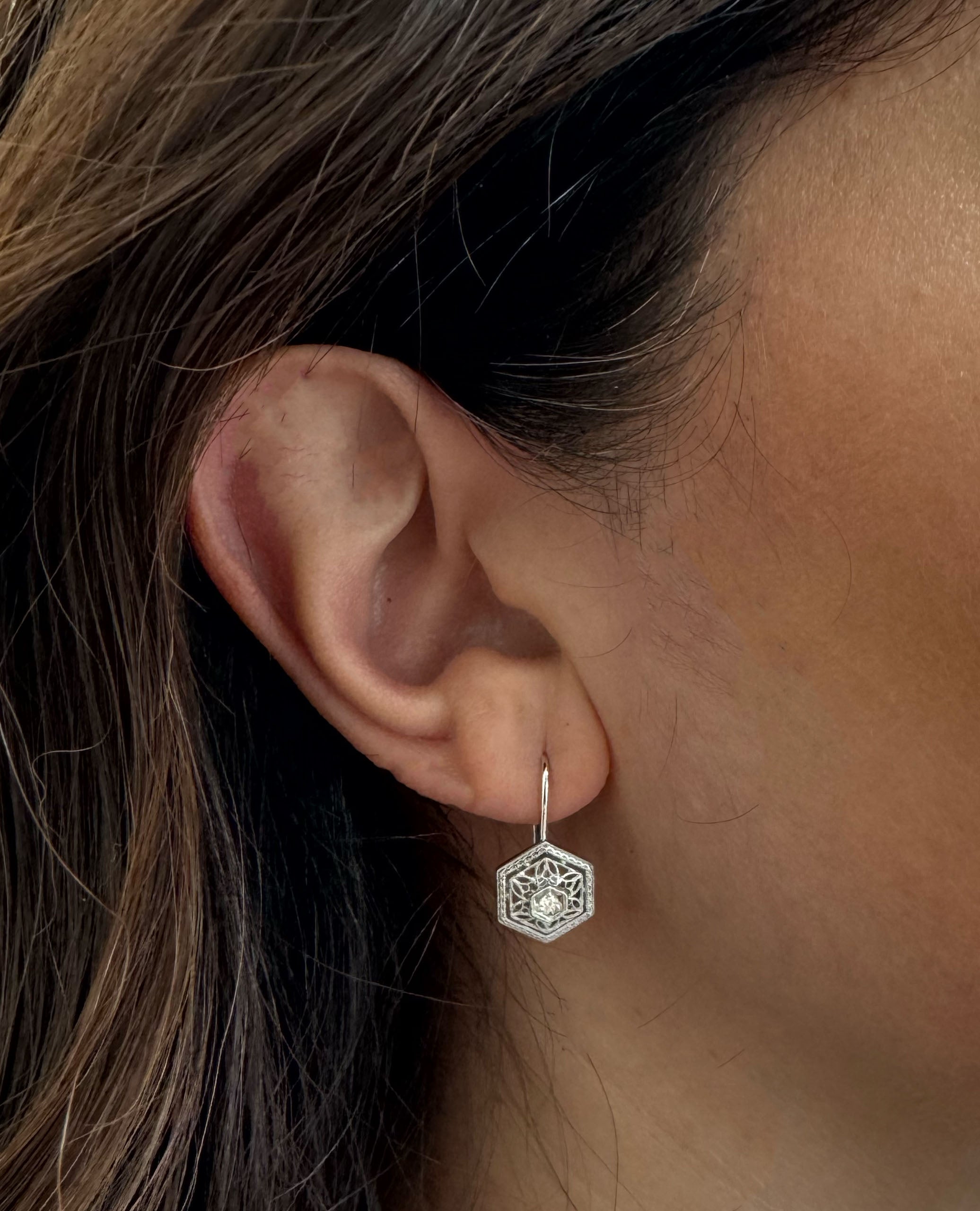 14K White Gold Antique Inspired Diamond Drop Earrings