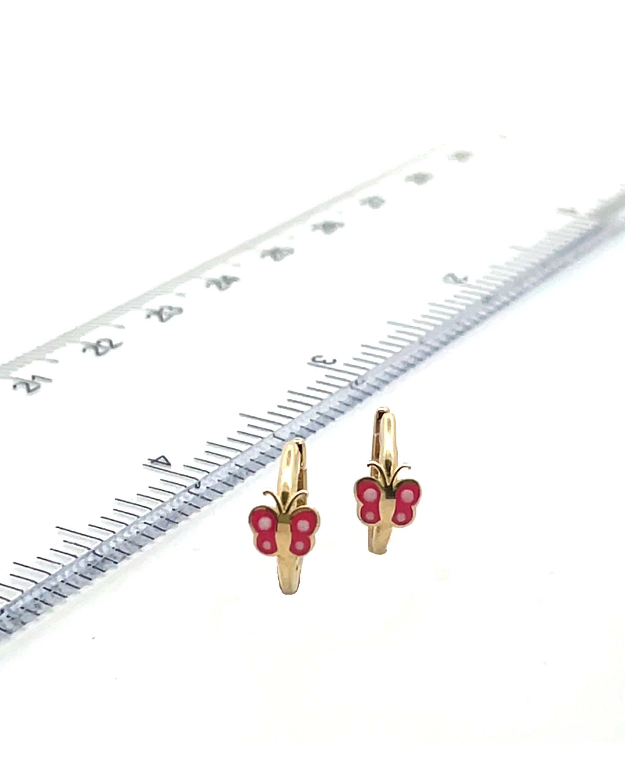 14K Yellow Gold Baby Hoop Earring with Dark Pink Butterfly