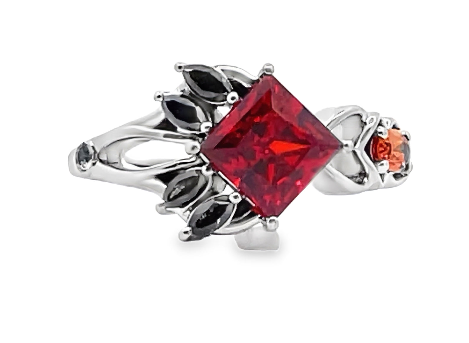 Custom 14K White Gold Ring with Orange/Red/Grey Stones