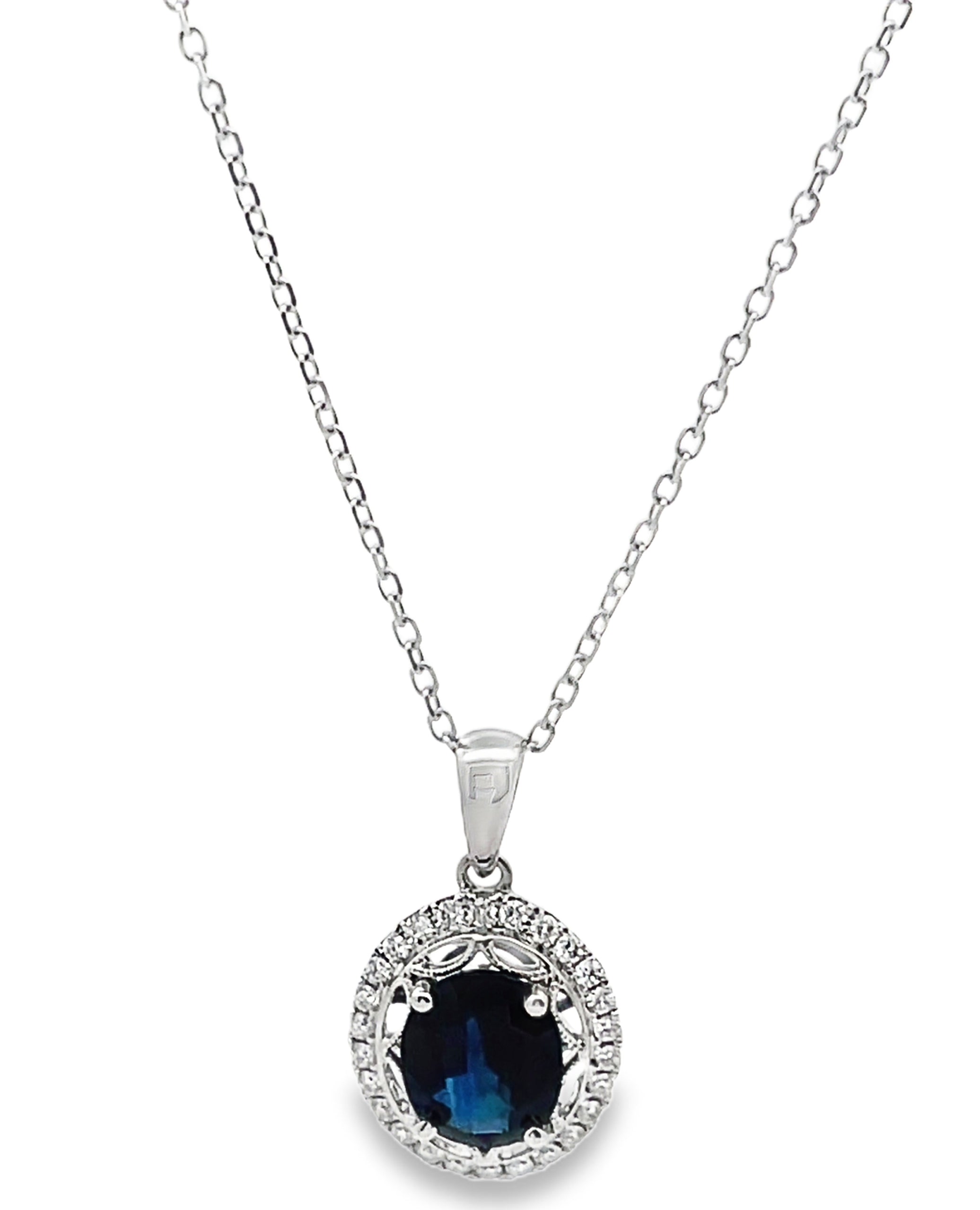 14K White Gold Blue Sapphire & Diamond Pendant Necklace