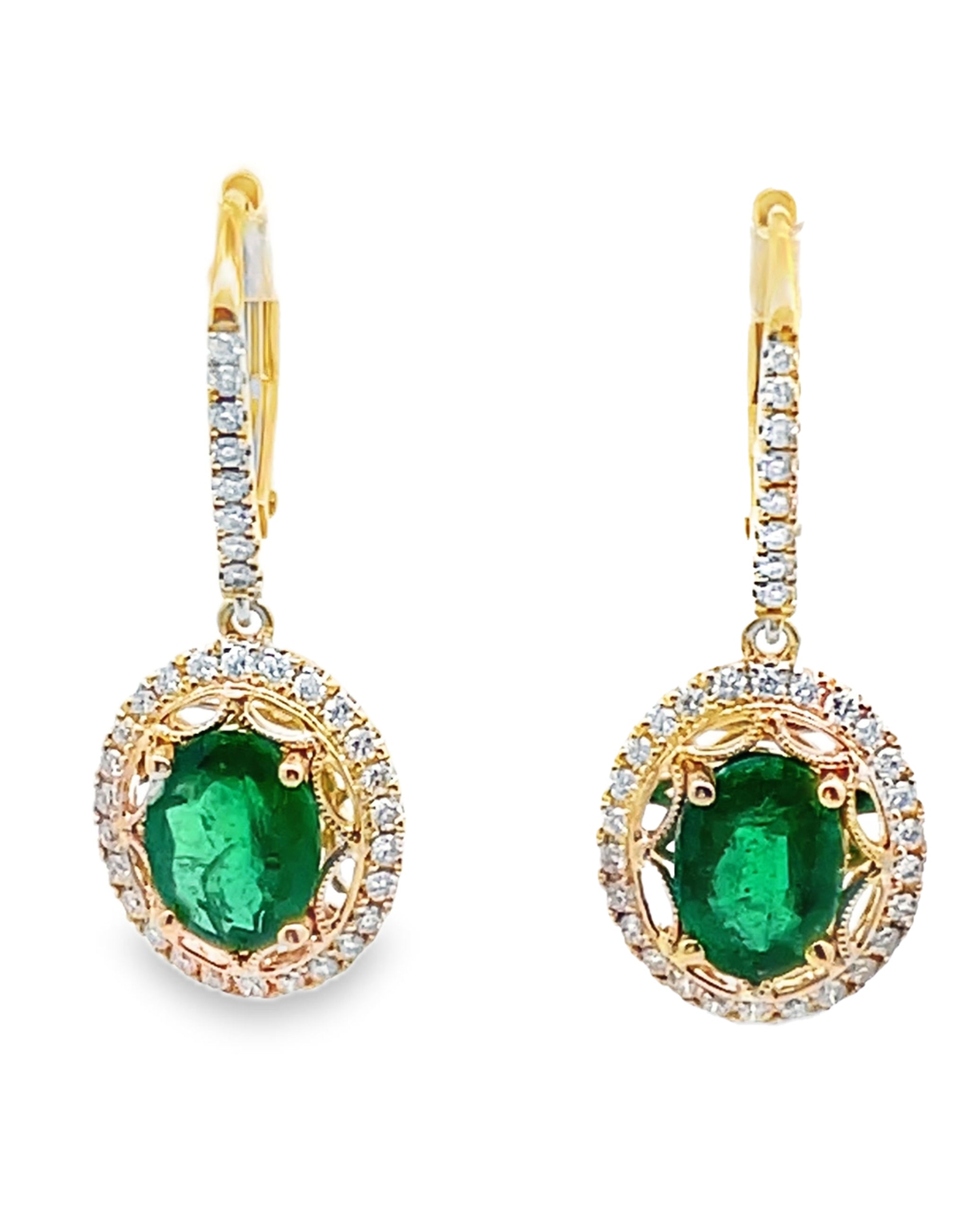 14K Yellow Gold Emerald & Diamond Fancy Drop Earrings