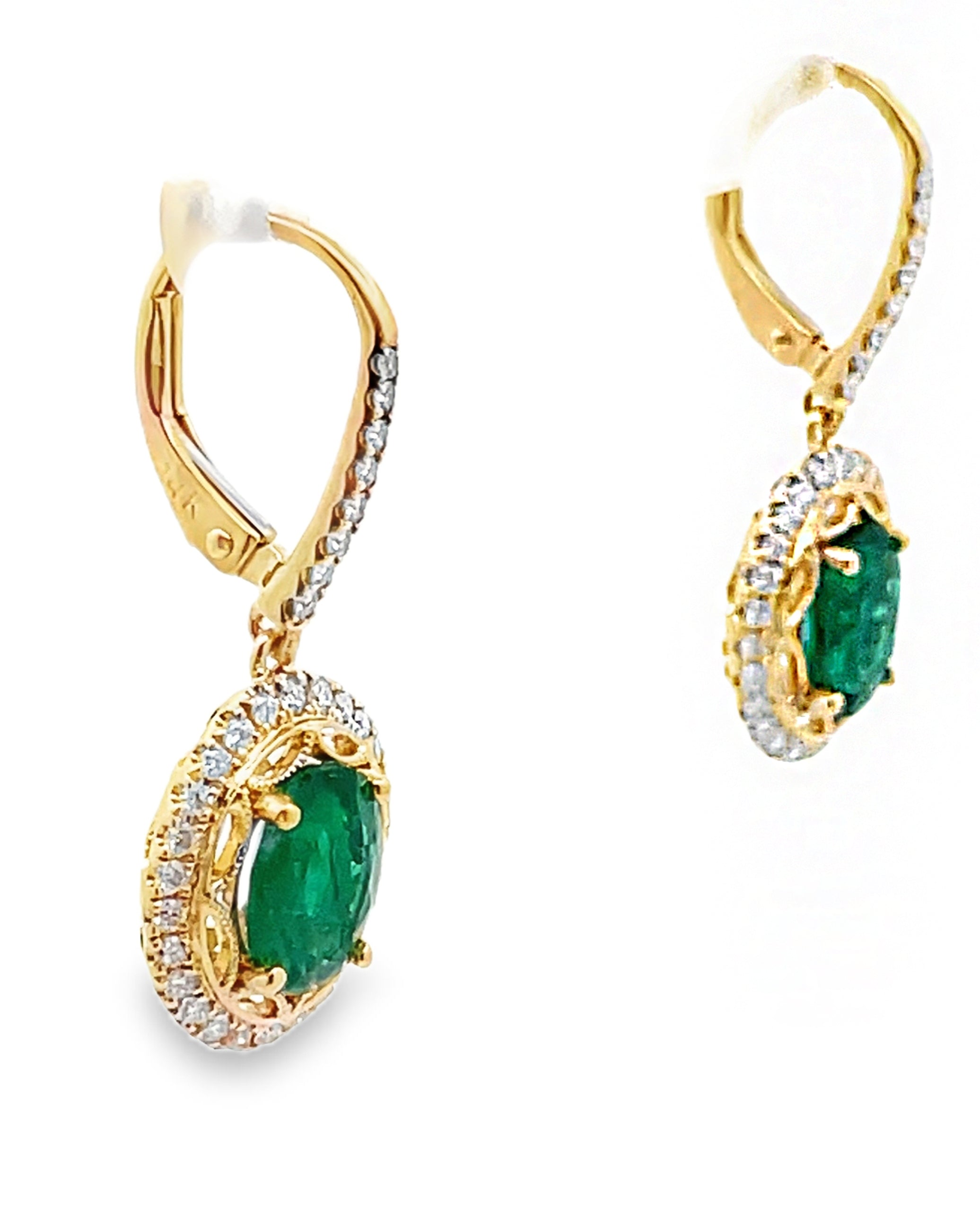 14K Yellow Gold Emerald & Diamond Fancy Drop Earrings