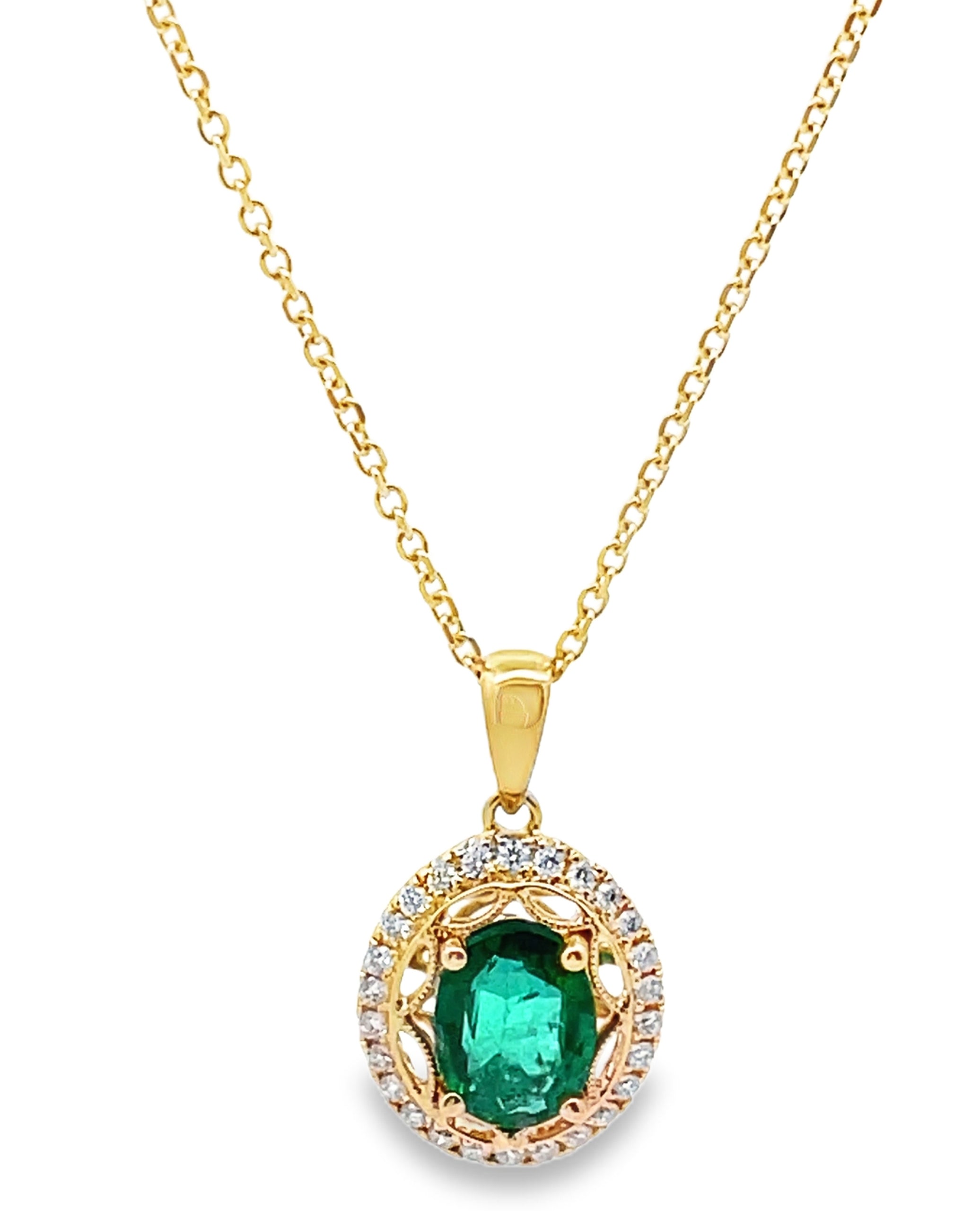 14K Yellow Gold Emerald & Diamond Fancy Pendant Necklace