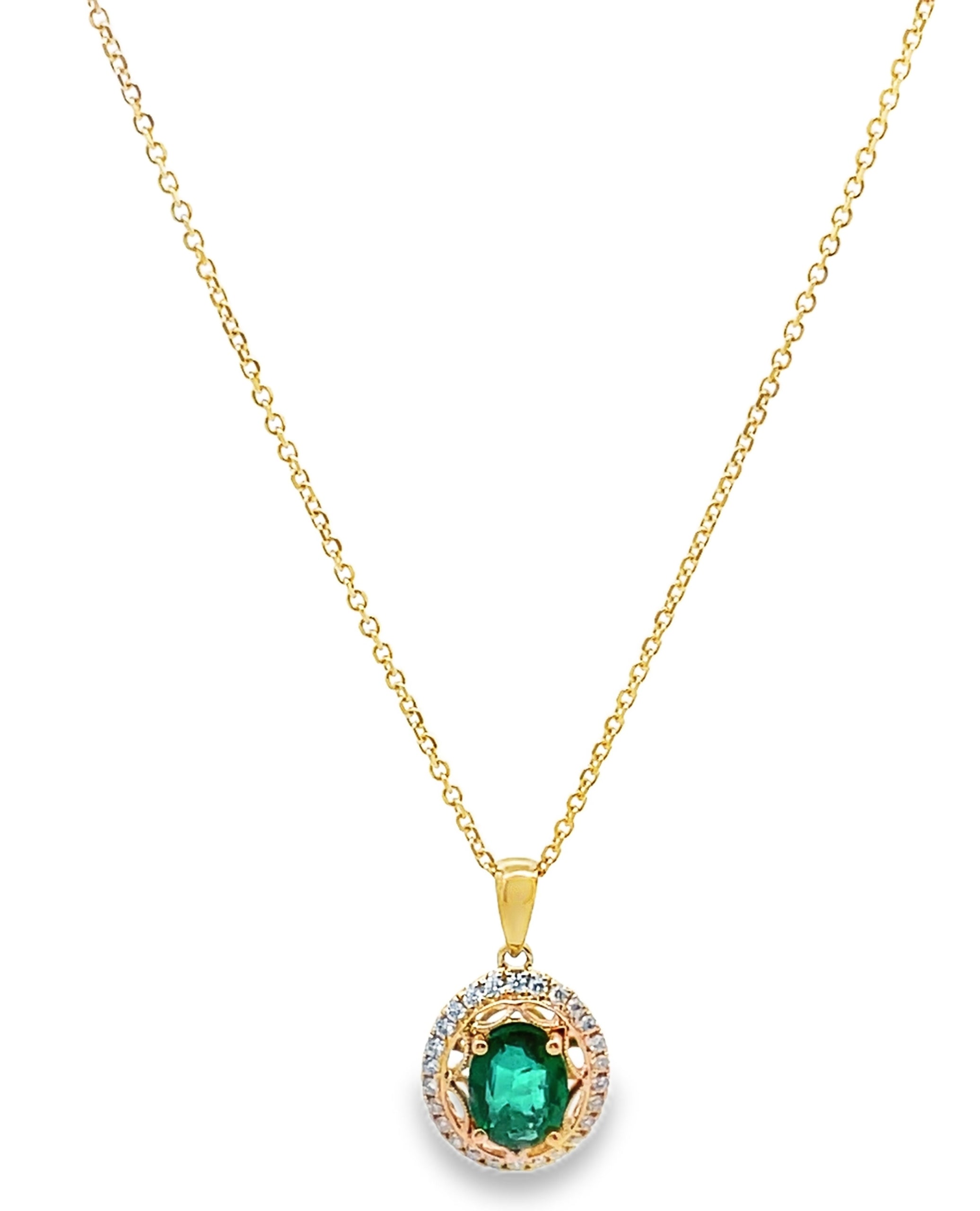 14K Yellow Gold Emerald & Diamond Fancy Pendant Necklace